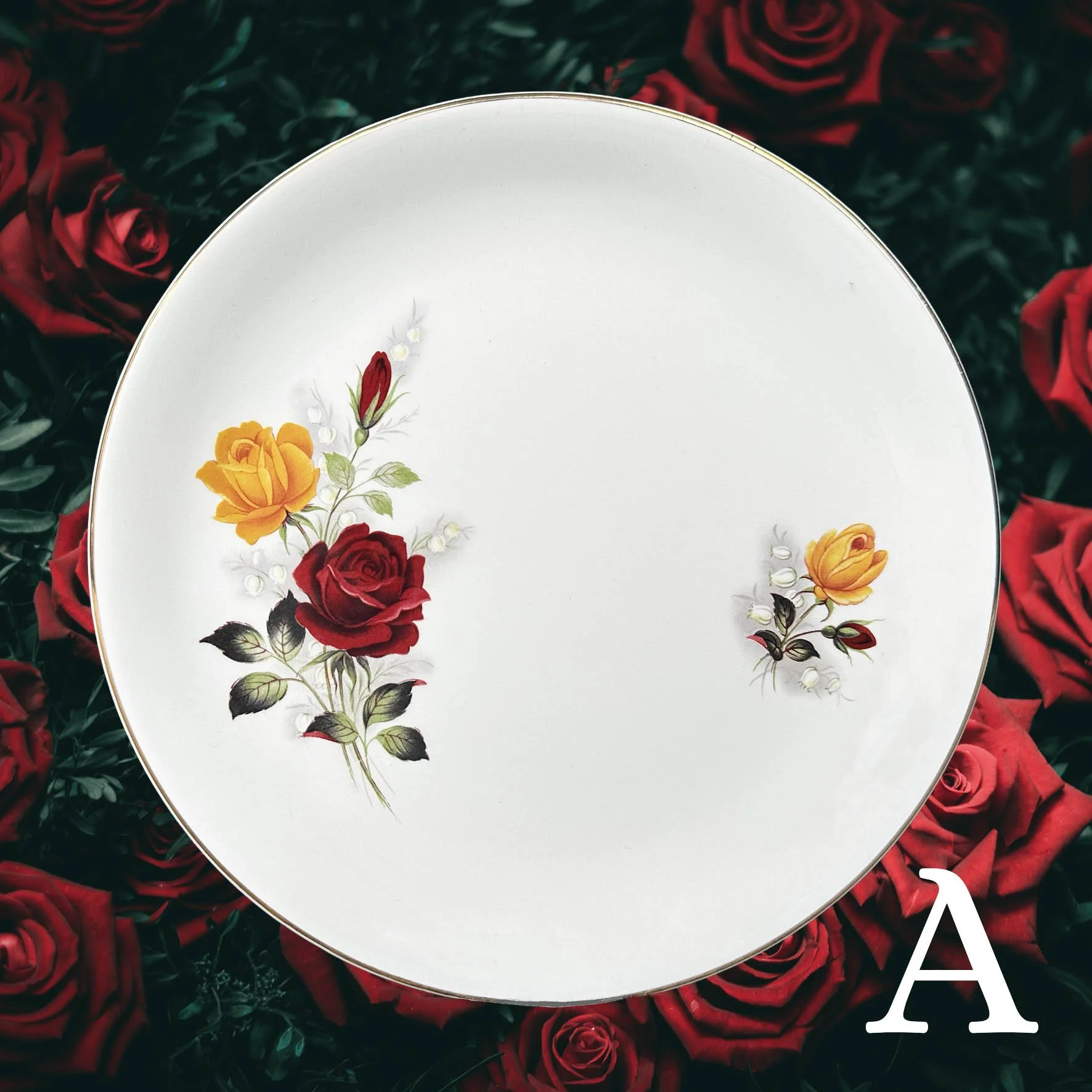 Plate A, vintage plate with red and yellow roses