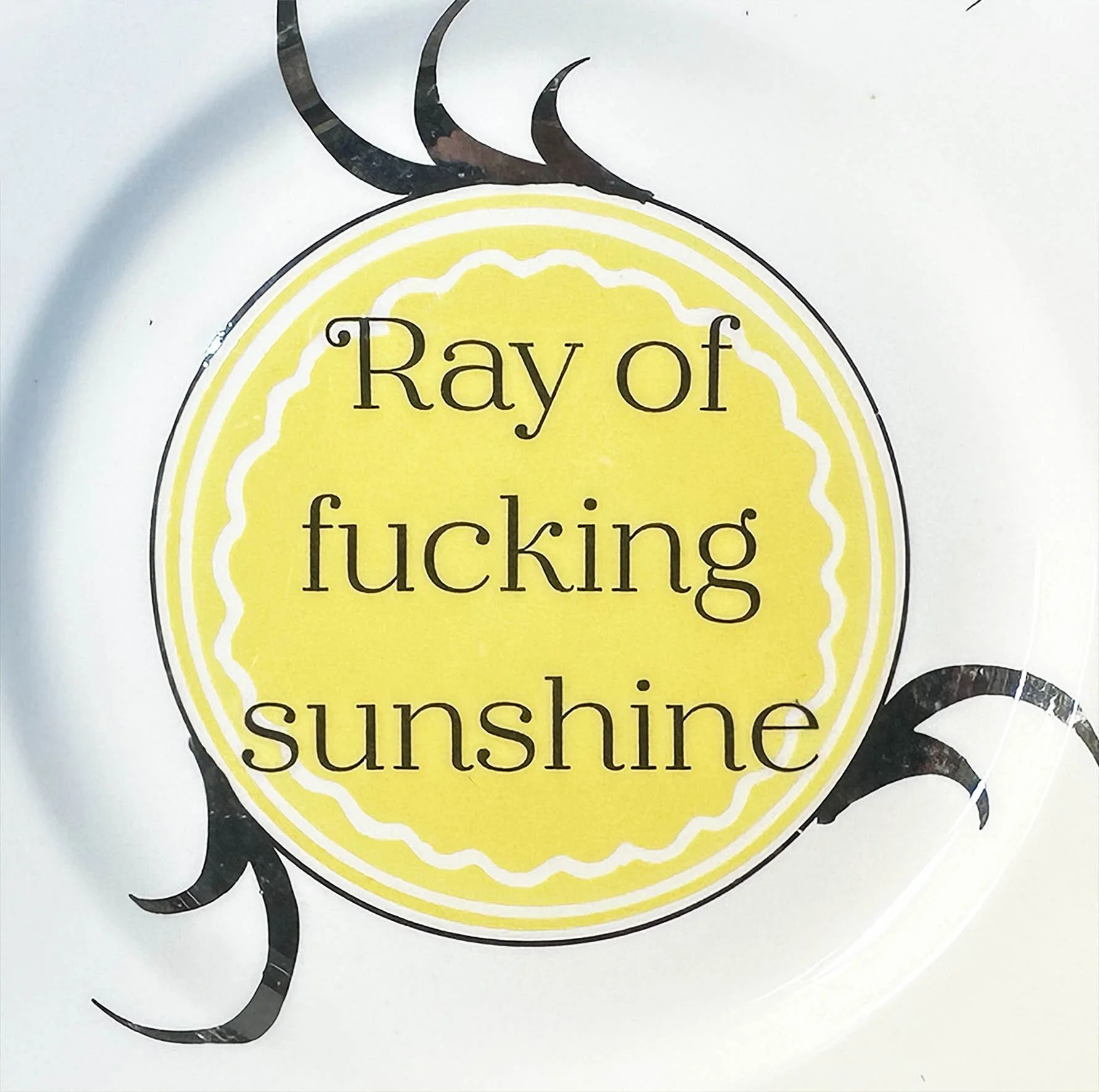 A vintage plate with the quote “ray of fucking sunshine”