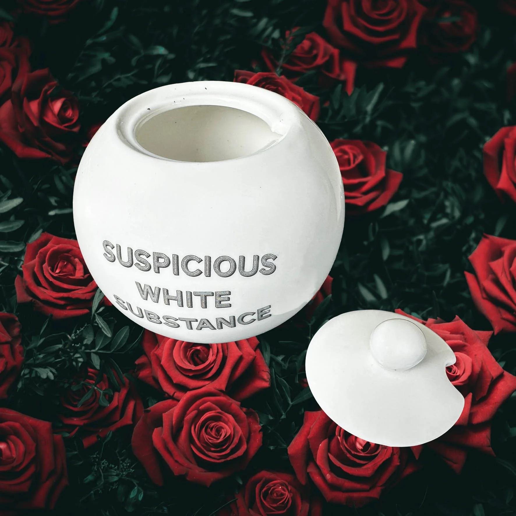 A round white sugar bowl with a quote “suspicious white substance”