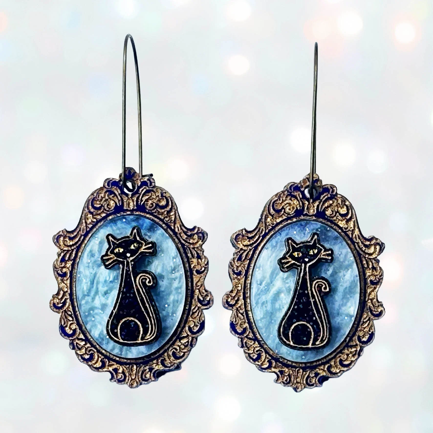 Black Cat Earrings - Blue & Gold Glitter