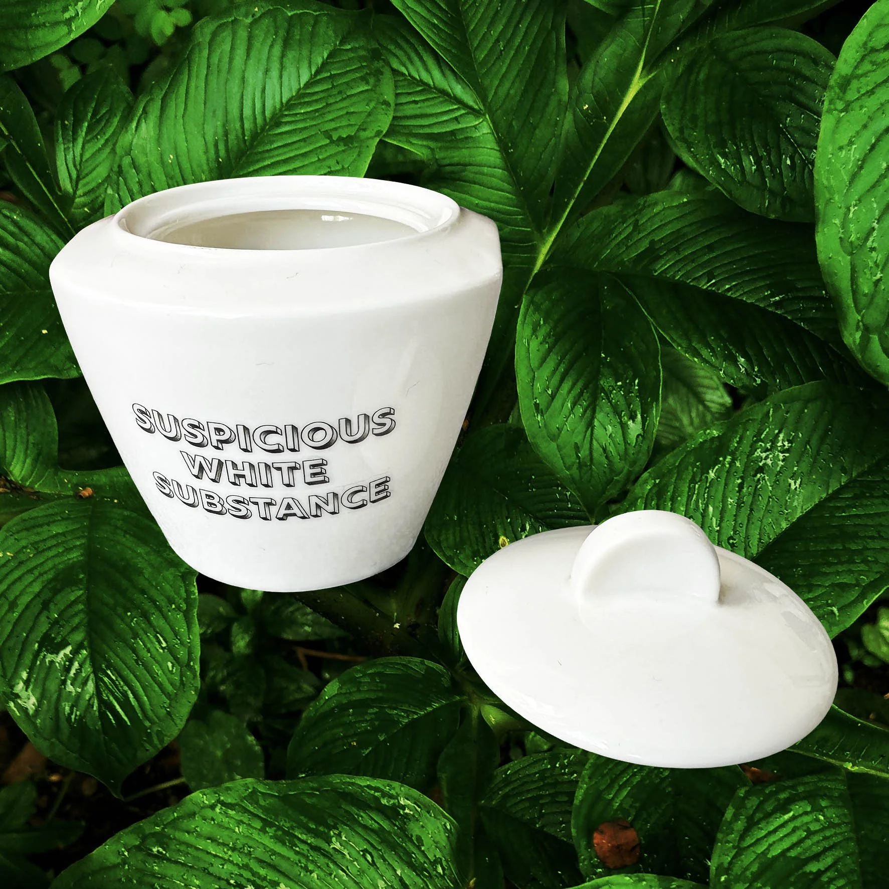 White sugar bowl with the words “suspicious white substance” in black lettering