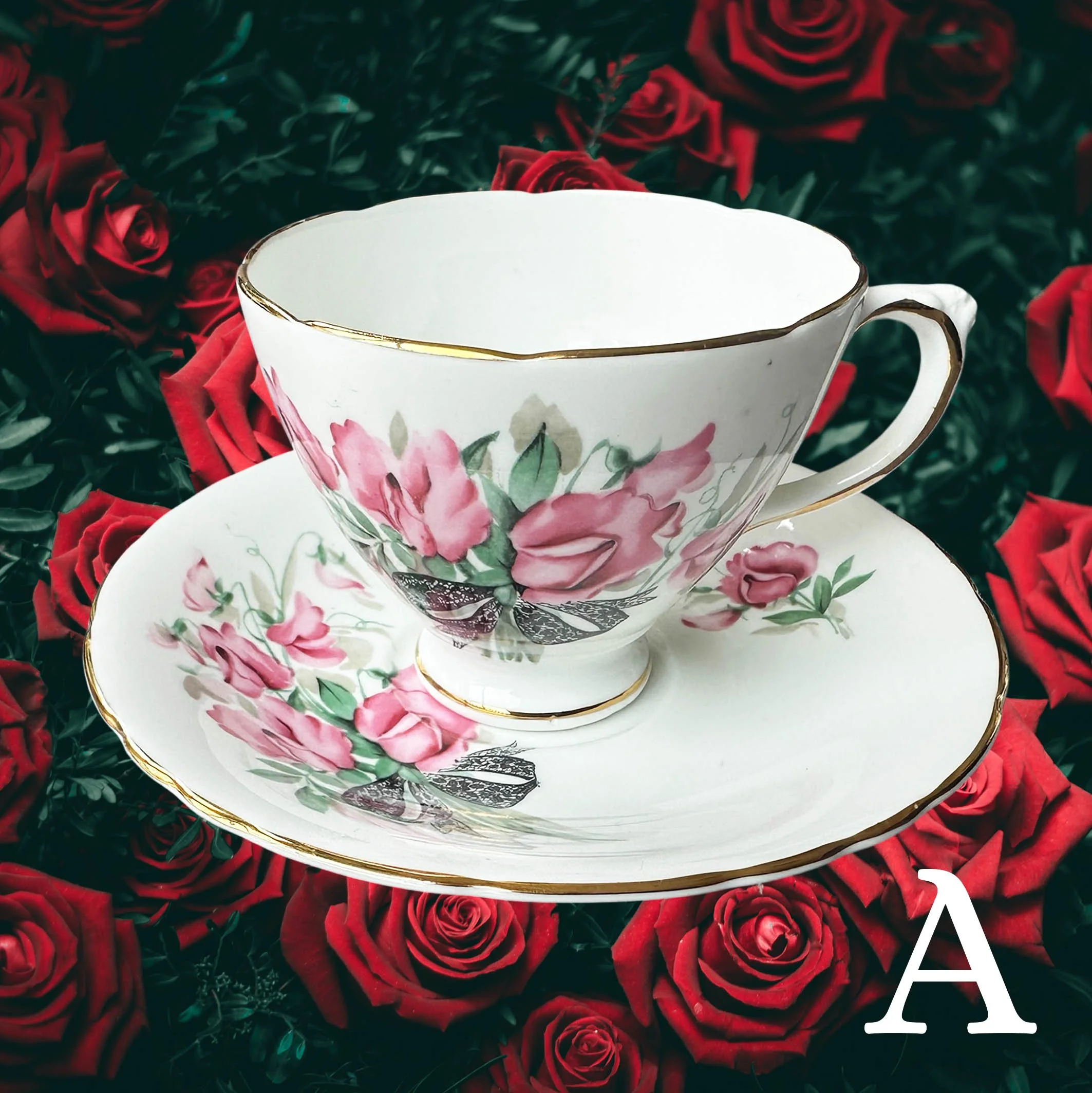 A vintage tea cup and saucer set with a pink floral design and the words "kindly fuck off" in black cursive writing