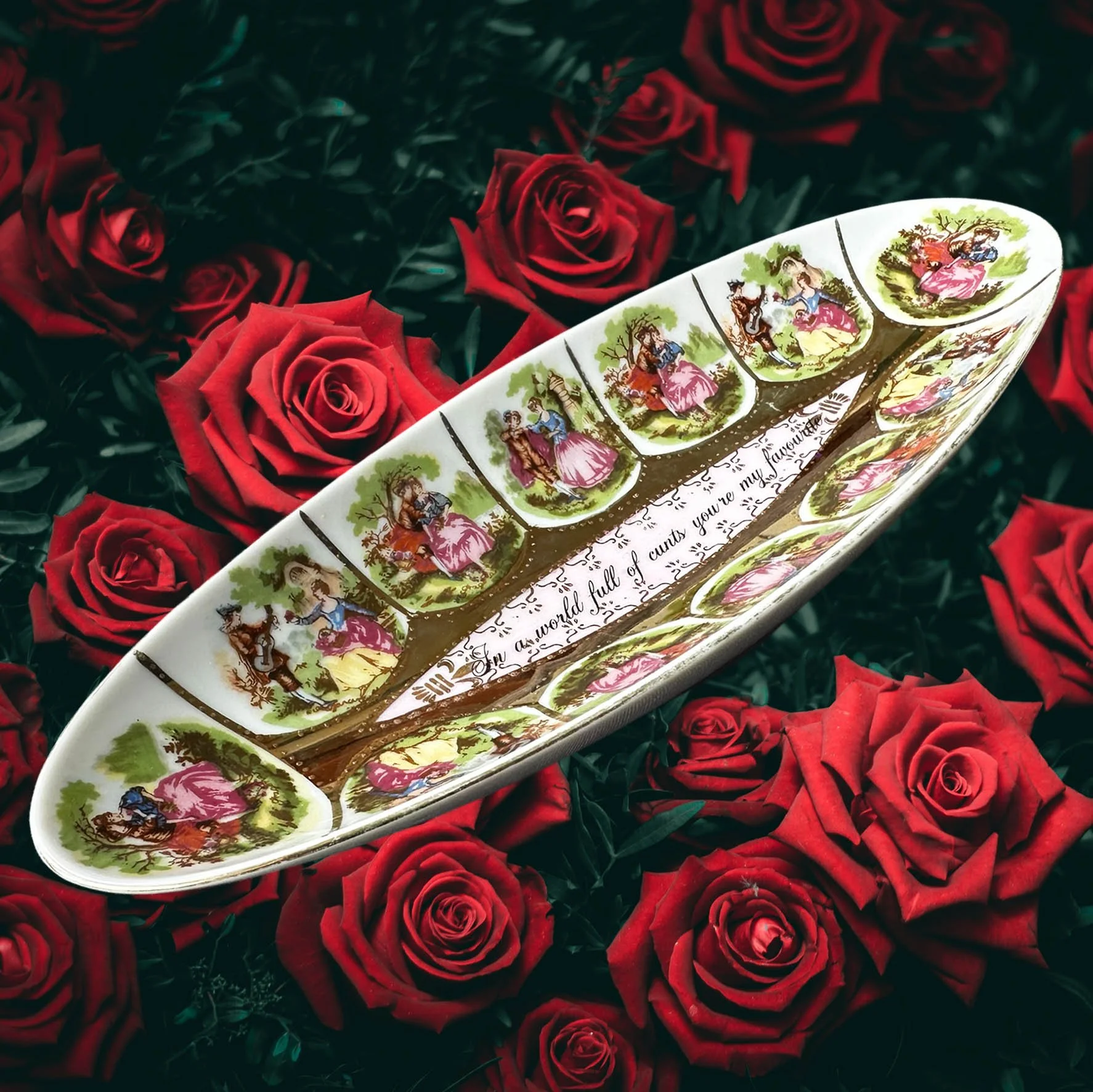 a vintage dish with pictures of a couple and the words "In a world full of cunts you're my favourite"