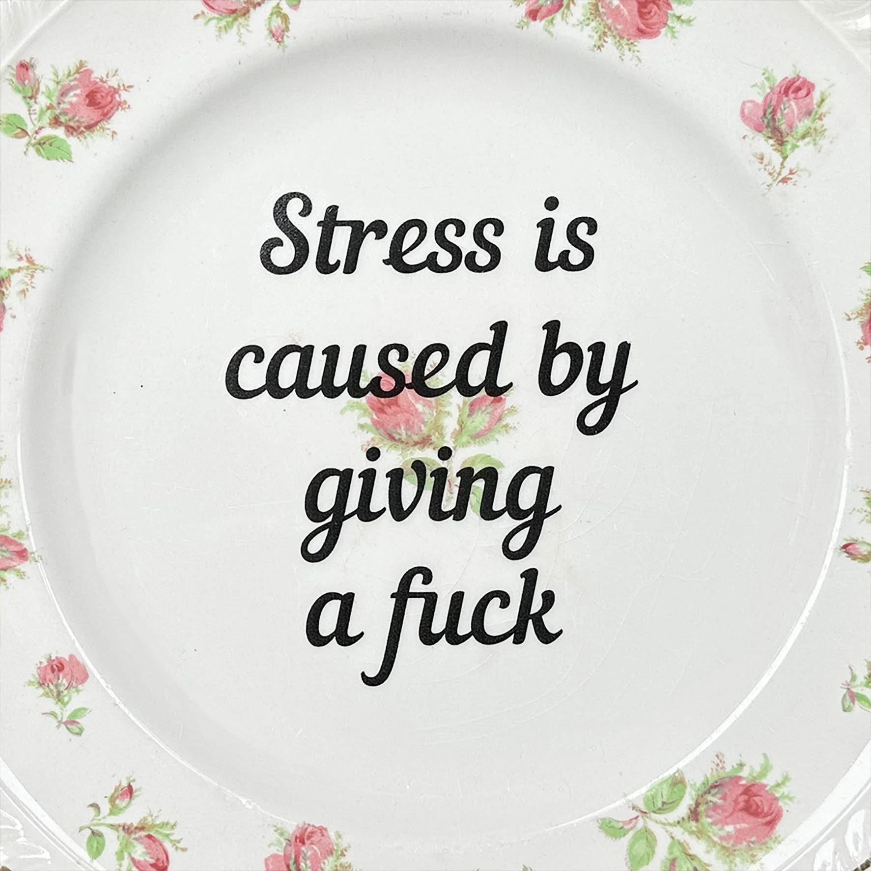 A vintage plate with pink roses and the quote “stress is caused by giving a fuck”