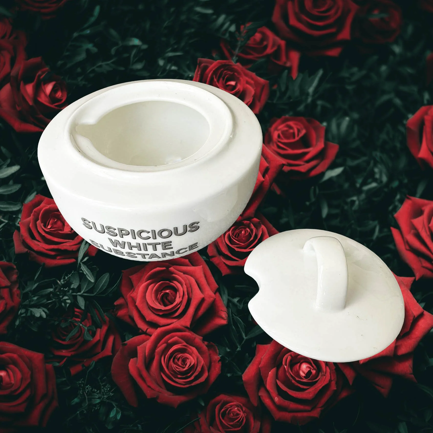 A white sugar bowl with a quote “suspicious white substance” in black lettering