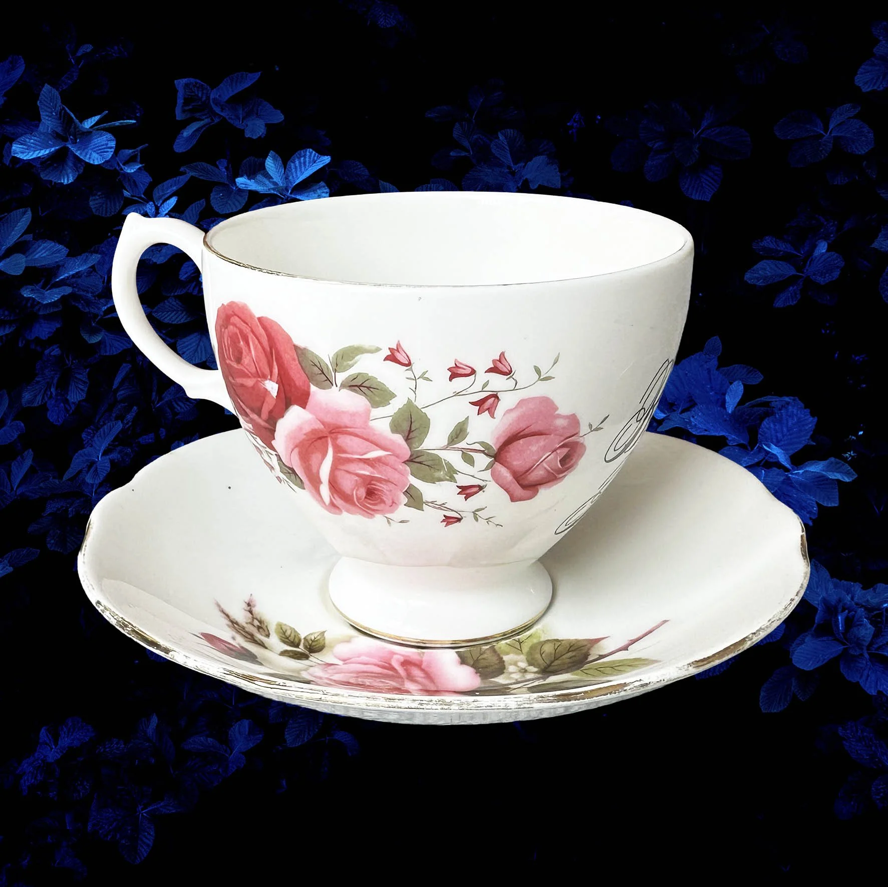 A vintage tea cup and saucer set with an funny quote “badass bitch” in black writing