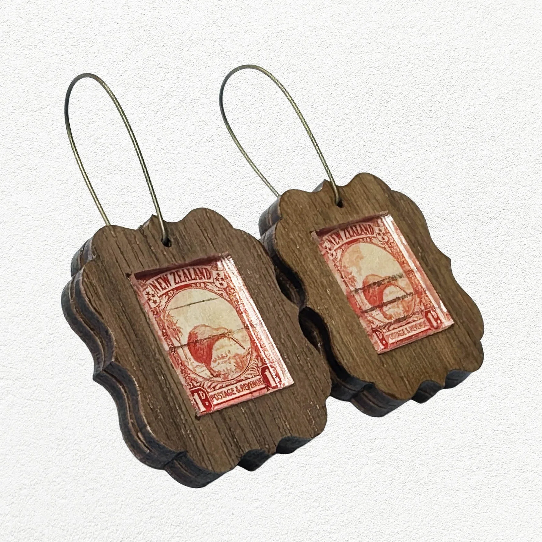 Wooden earings featuring vintage New Zealand Kiwi postage stamps