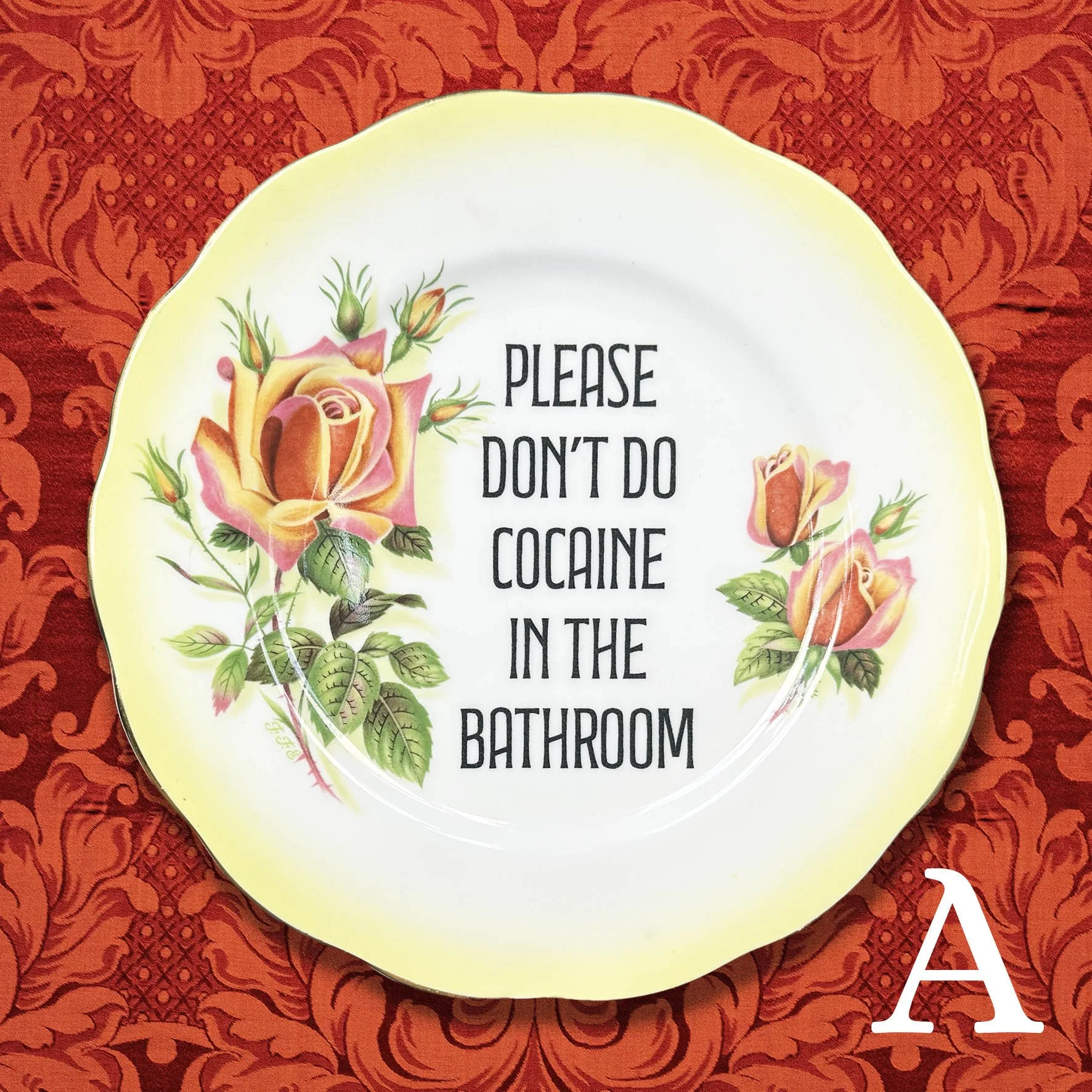Plate A: a vintage plate with a cheeky quote "please don't do cocaine in the bathroom"