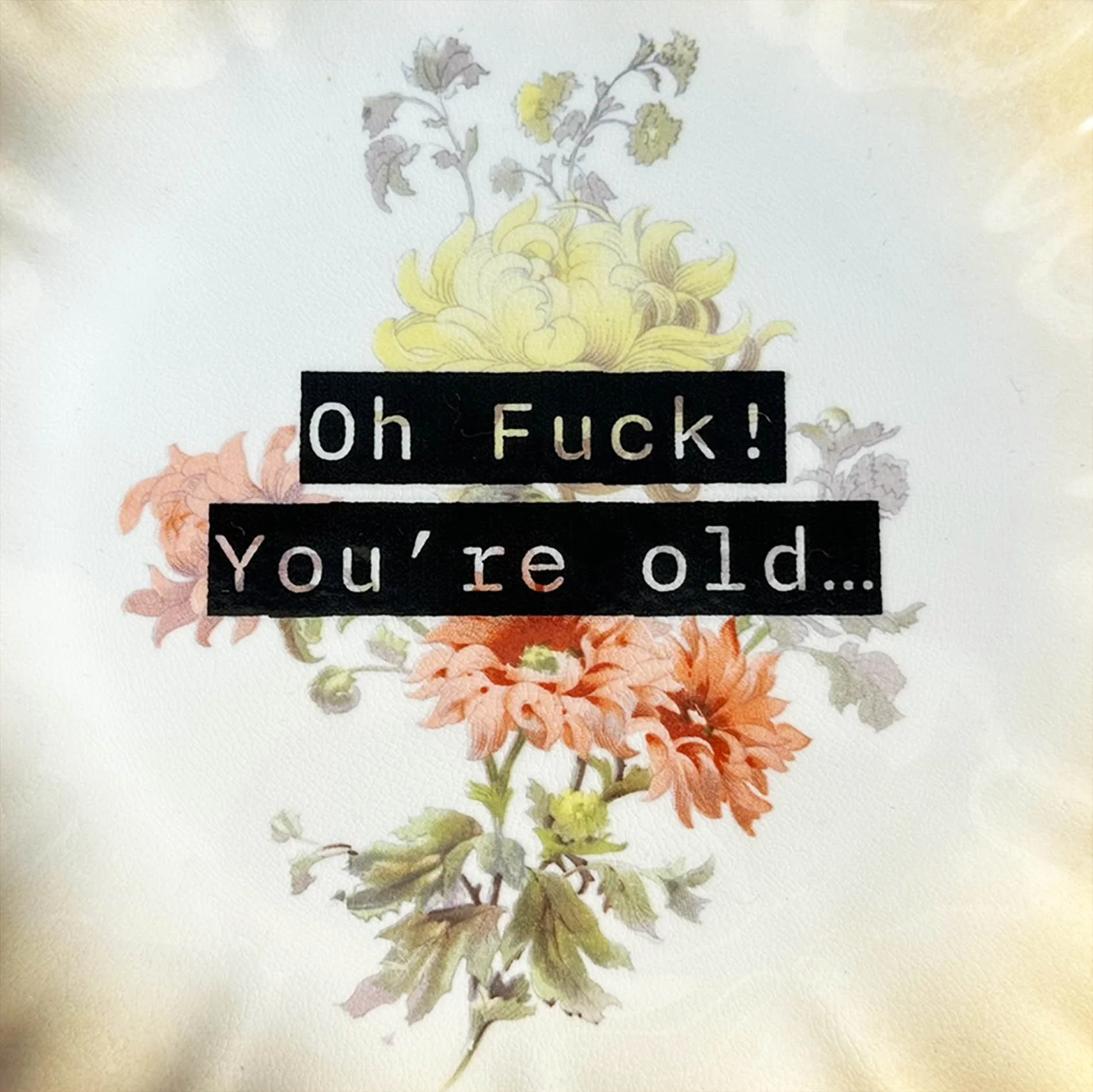A vintage wall plate with a floral design with the words “oh fuck! You’re old”