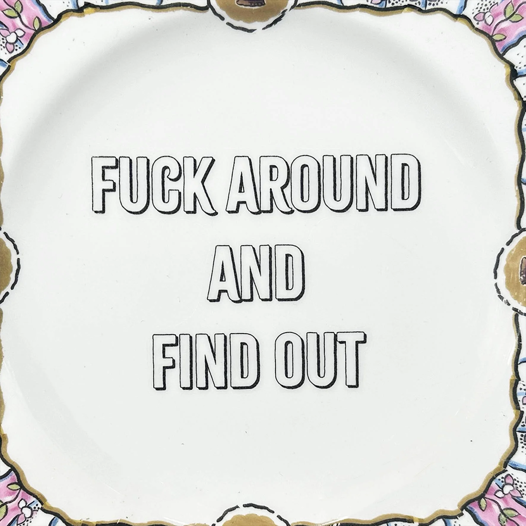 A vintage plate with a cheeky quote “fuck around and find out”