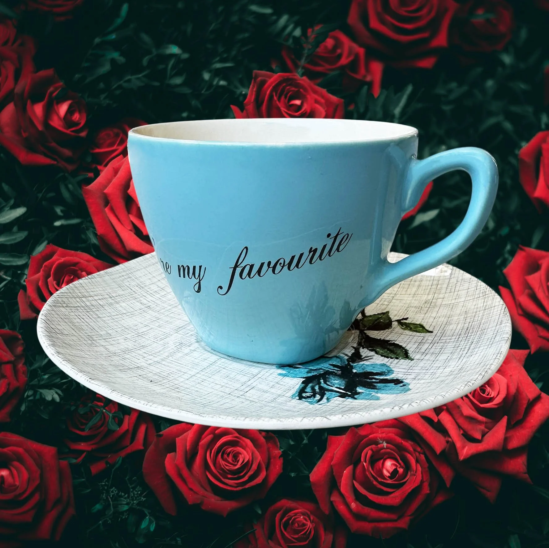 Vintage blue tea cup with the quote “in a world full of cunts you’re my favourite”
