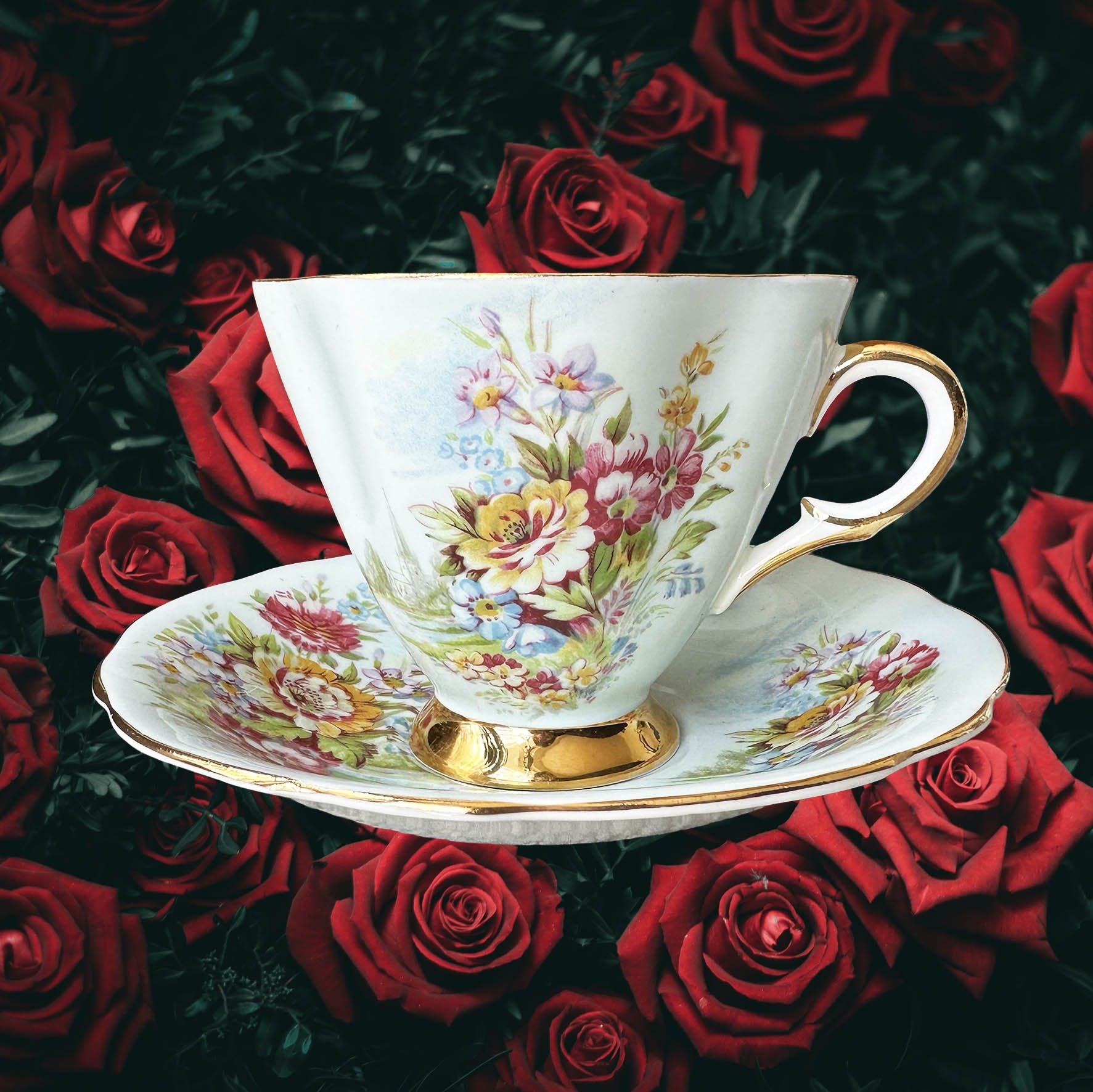 A vintage tea cup and saucer, light blue with a floral design and the quote “don’t be a cunt” in black writing
