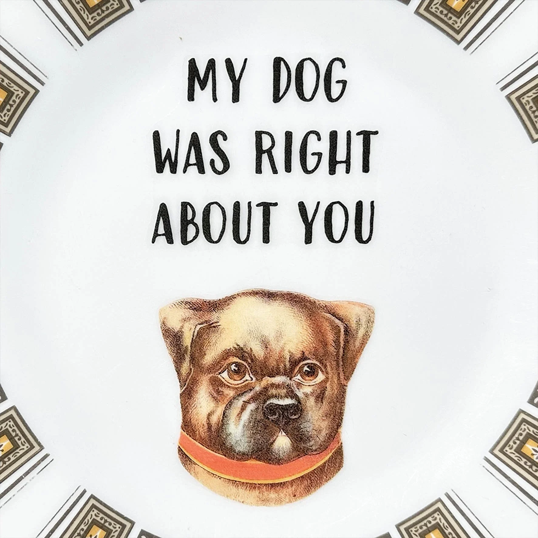 A funny plate with a quote "my dog was right about you" and a picture of a dog
