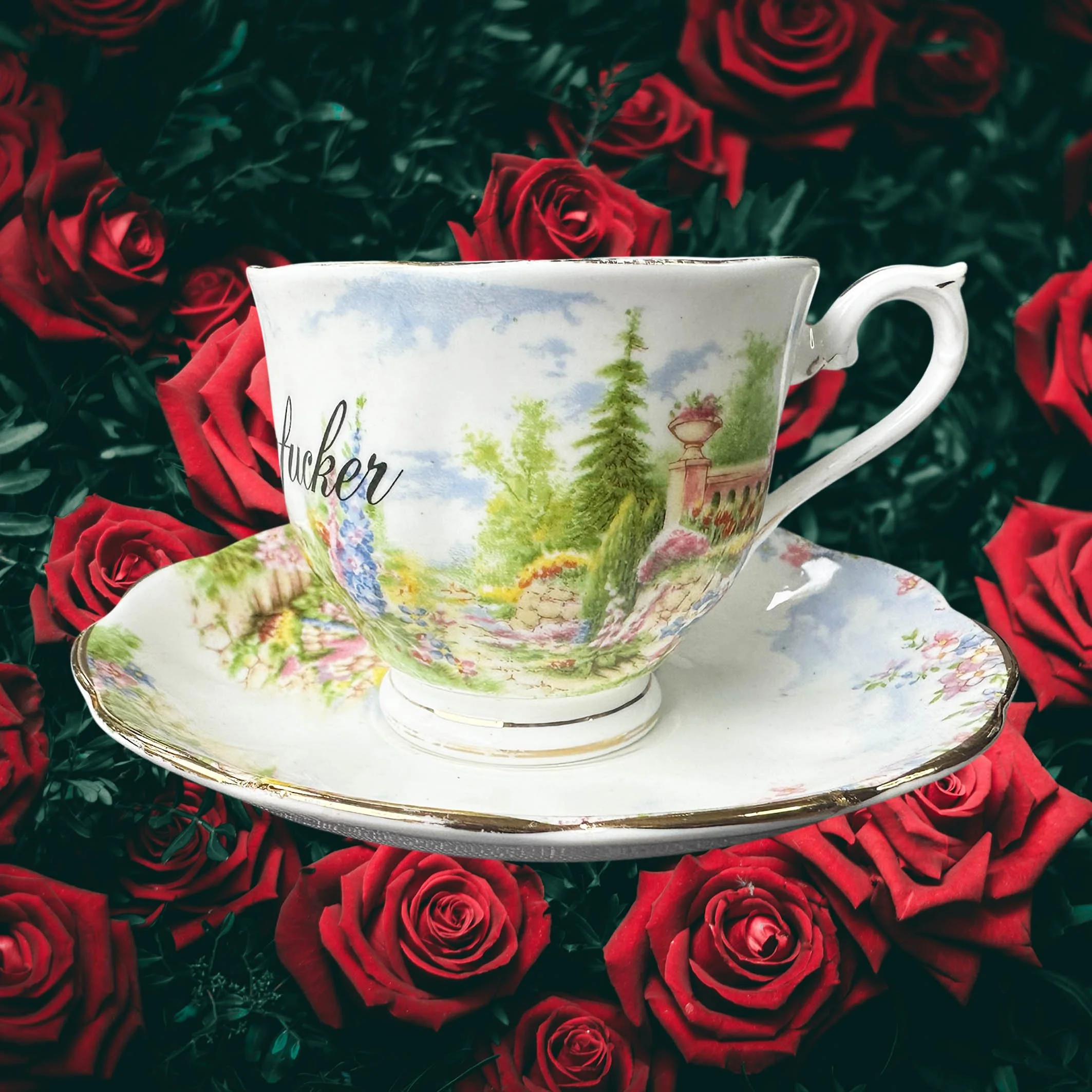 A vintage tea cup and saucer with a cottage garden scene design and the word "Motherfucker" in black cursive writing