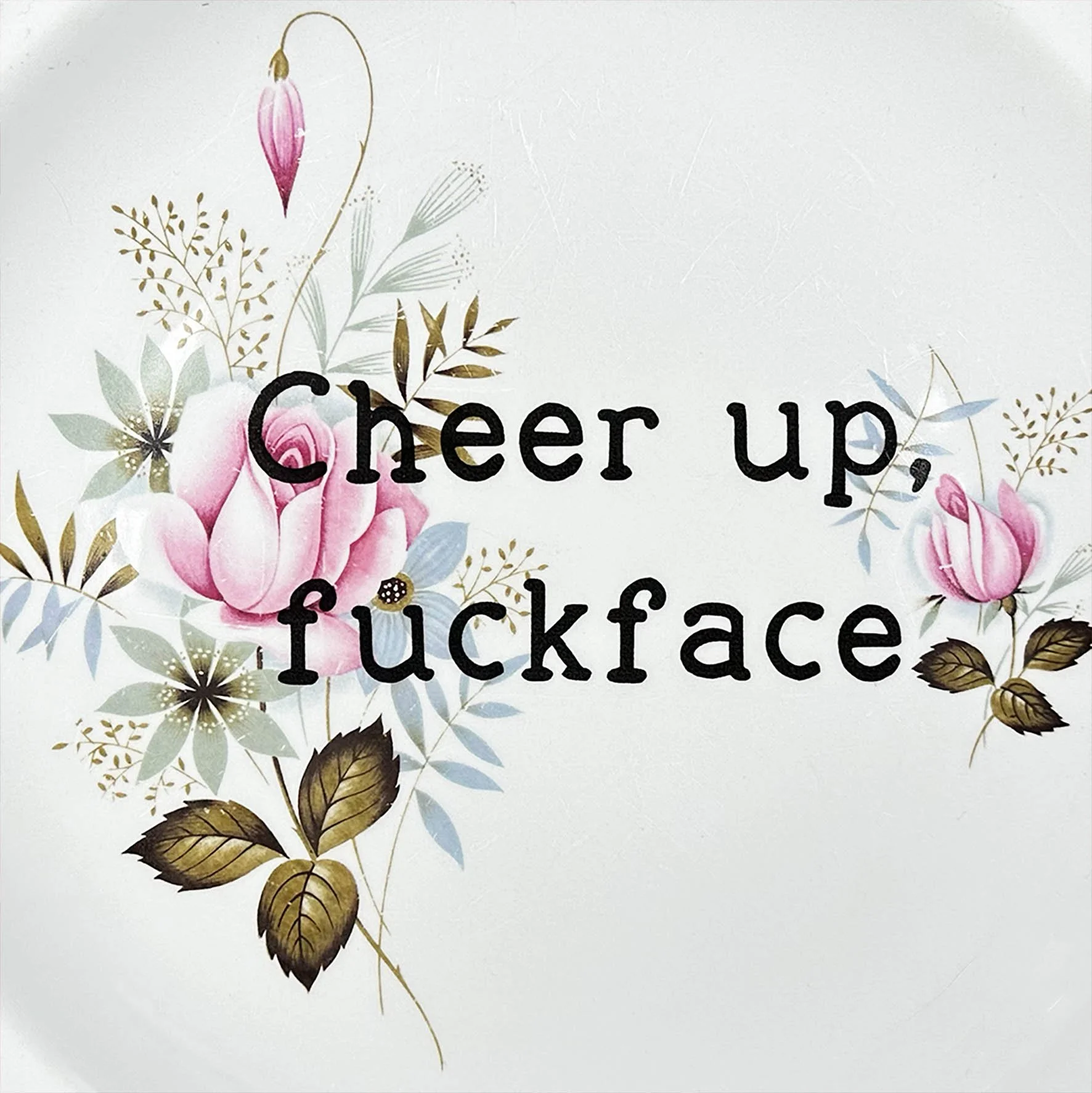 A vintage plate with a pink floral design and the quote “cheer up, fuckface”
