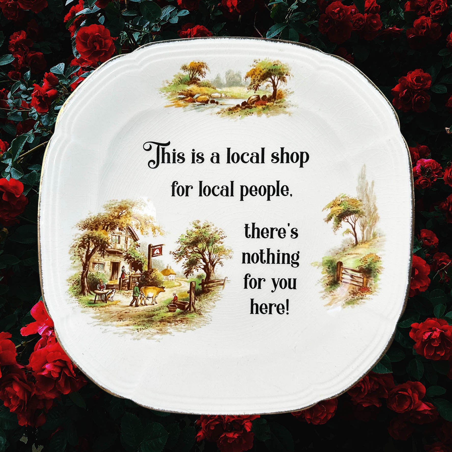 A vintage wall plate with a quote from The League Of Gentlemen "this is a local shop for local people, there's nothing for you here!"