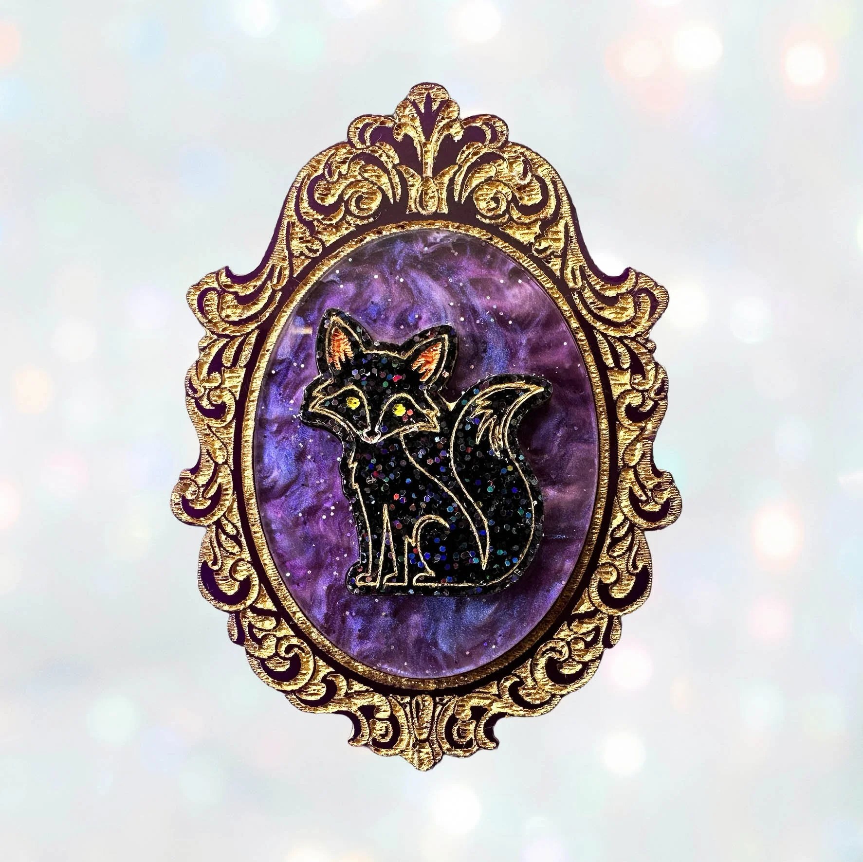 Fox Brooch - Purple Gold & Black Glitter