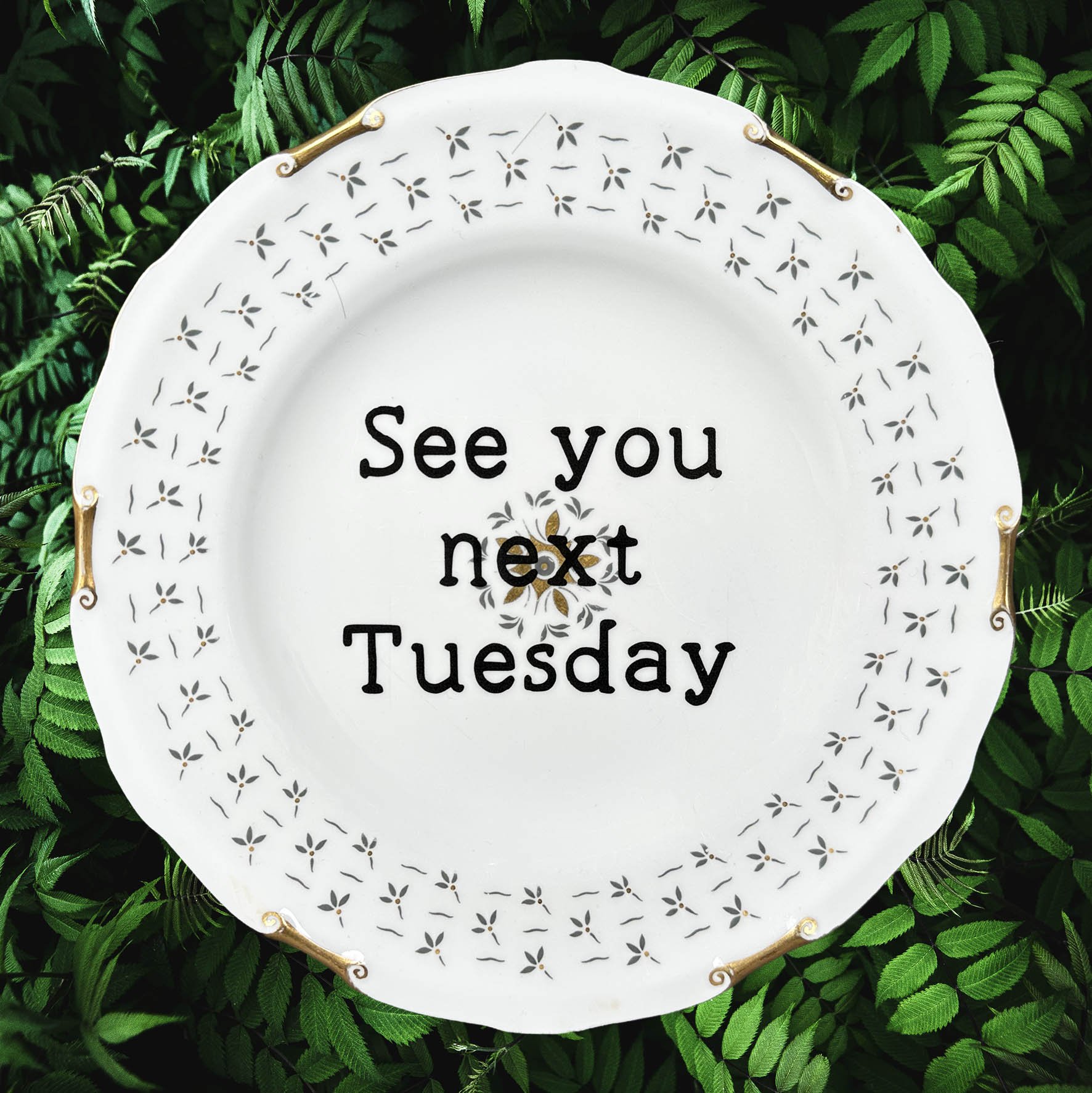 A vintage plate with blue flowers and the quote “see you next Tuesday”