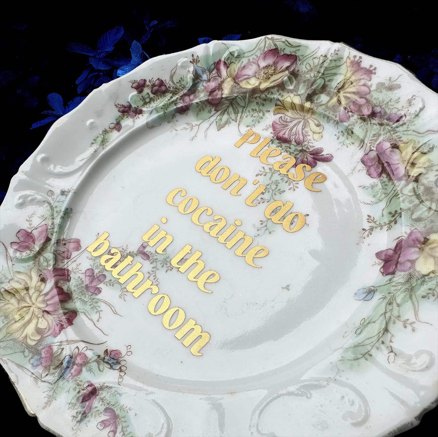 Plate C, a vintage plate with a multi colour floral design and the quote "please don't do cocaine in the bathroom" in gold lettering