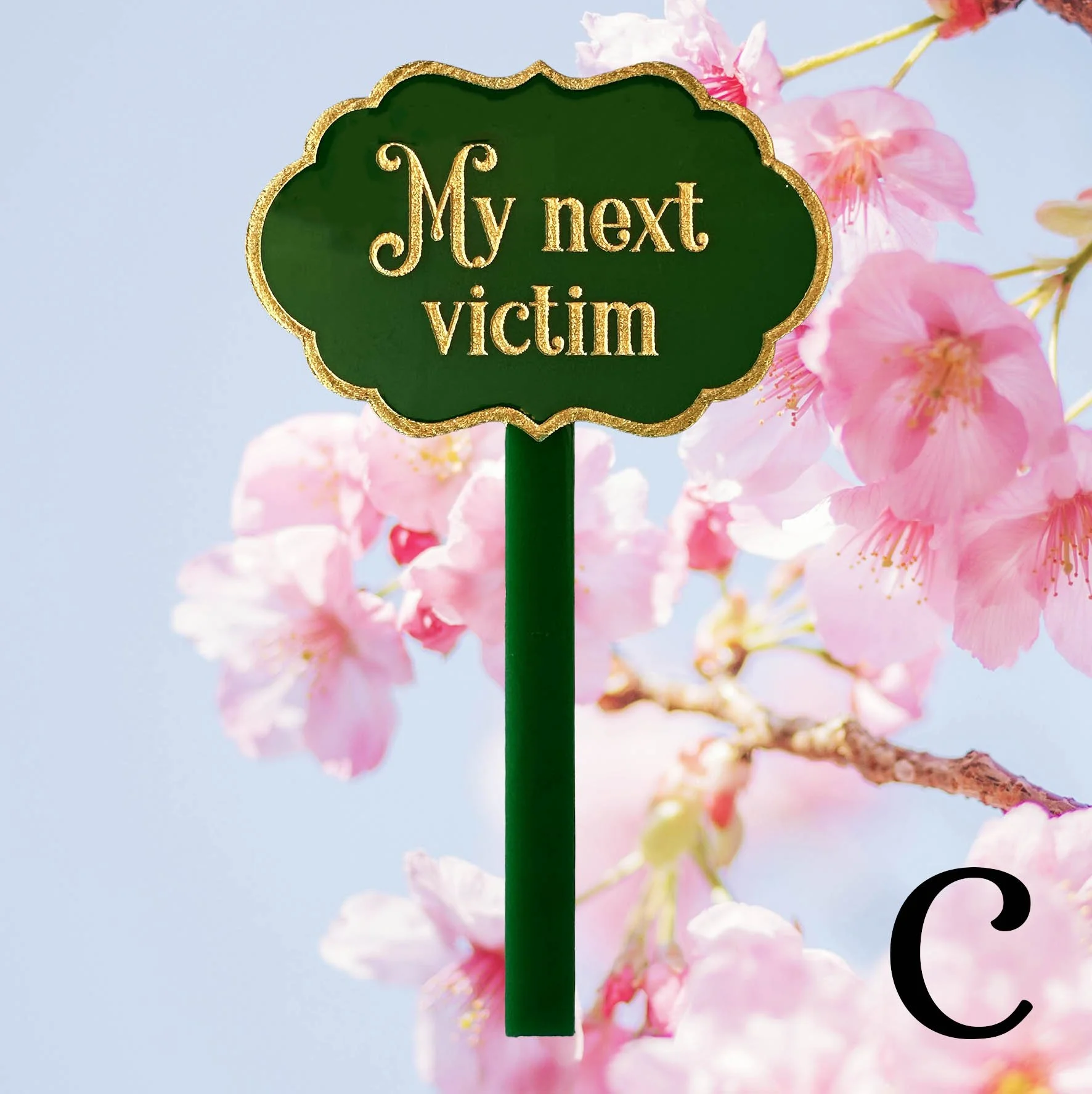 C, green acrylic planter stick label with the words "my next victim" in gold writing