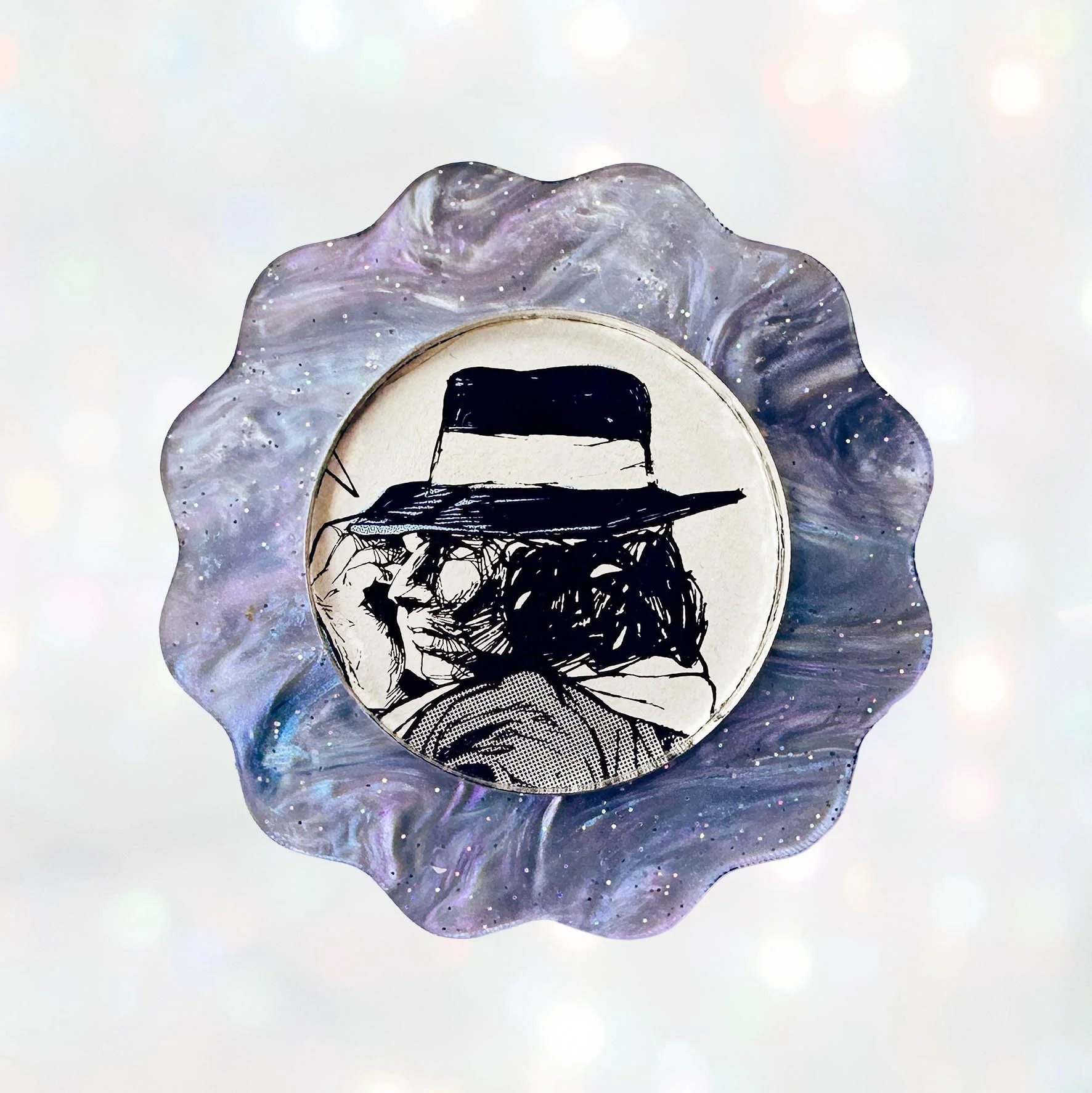 Blue purple glitter acrylic brooch featuring Doctor Whos the 4th Doctor