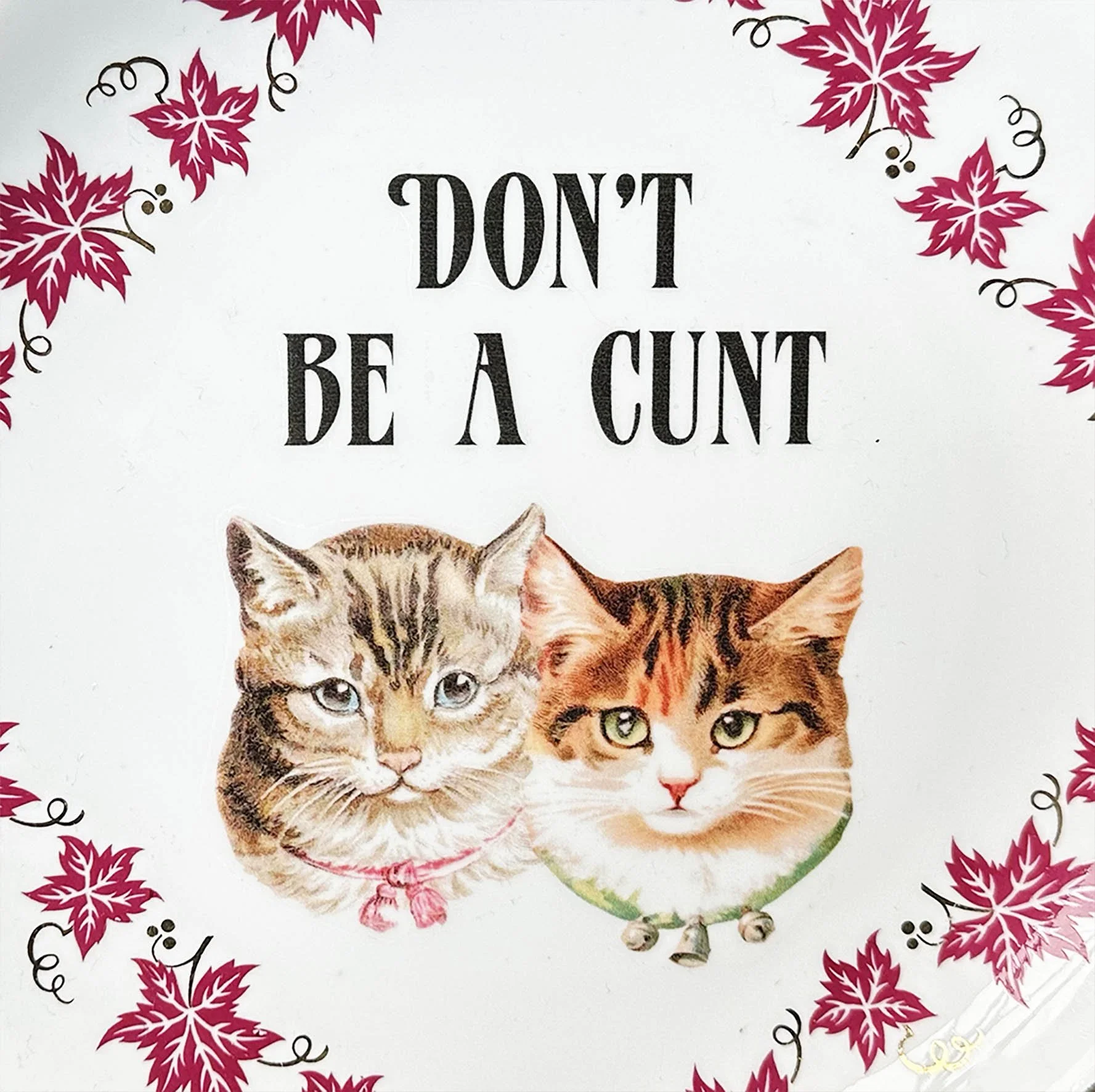 A vintage decorative plate with a picture of two cats and the quote “don’t be a cunt”