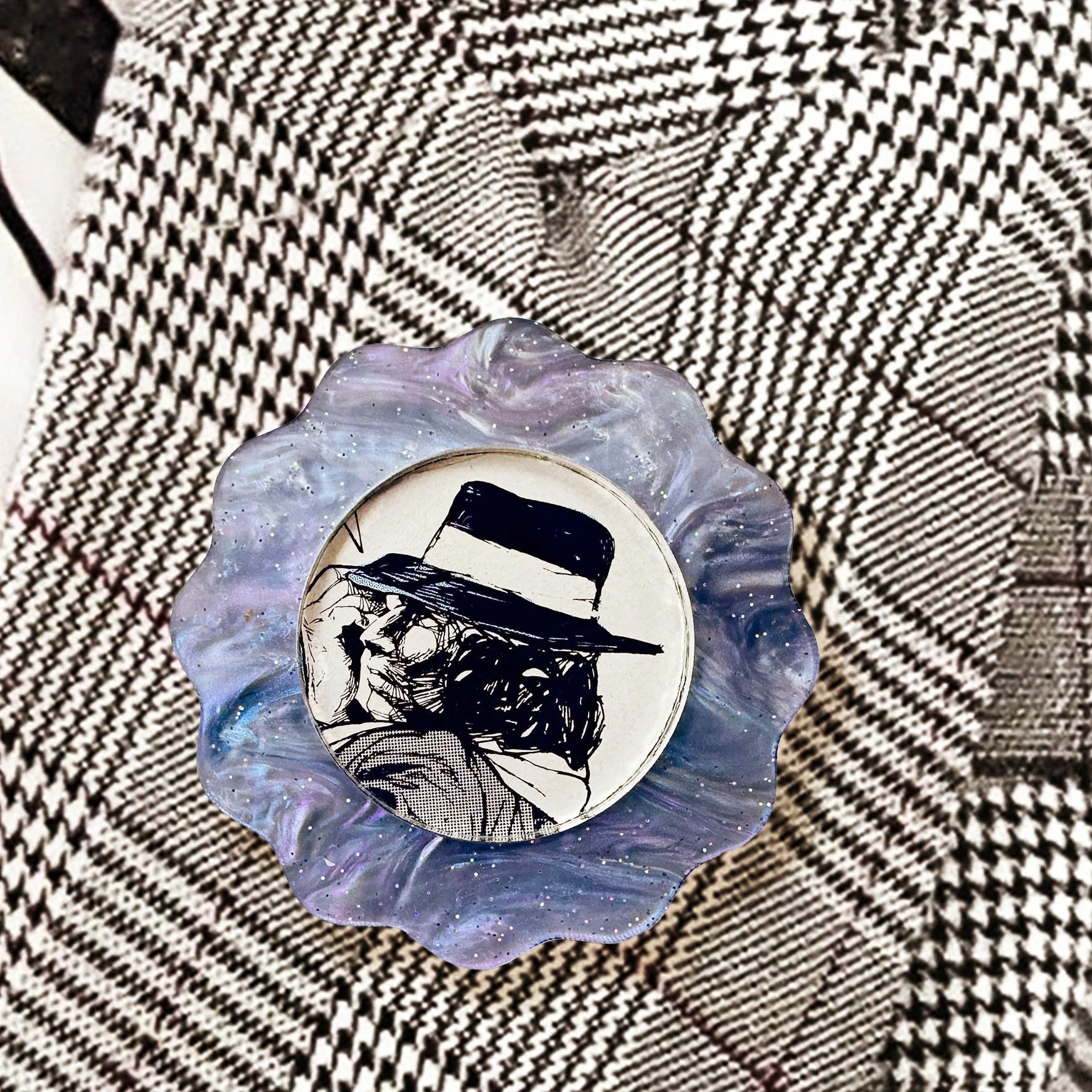 Blue purple glitter acrylic brooch featuring Doctor Whos the 4th Doctor