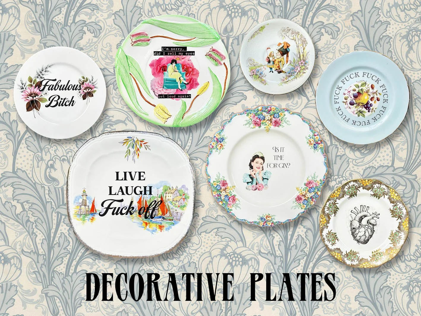 A collection of decorative plates with quotes displayed as a group on a green art deco style wall