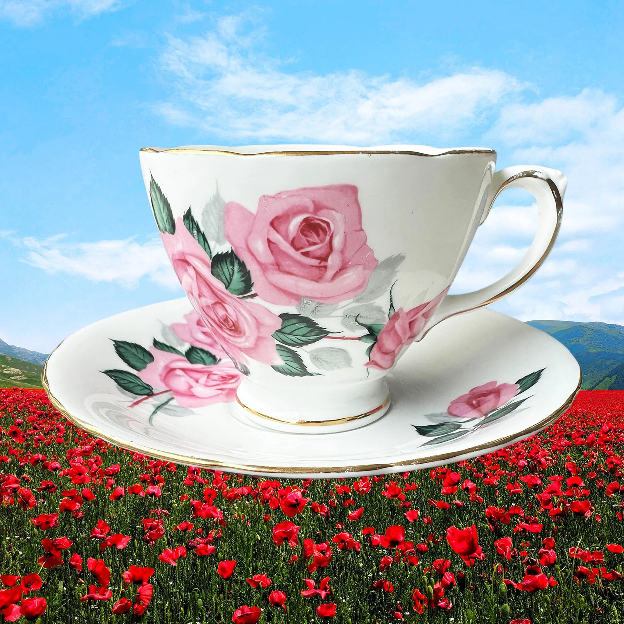 A vintage tea cup with a cheeky quote "fuck mornings"