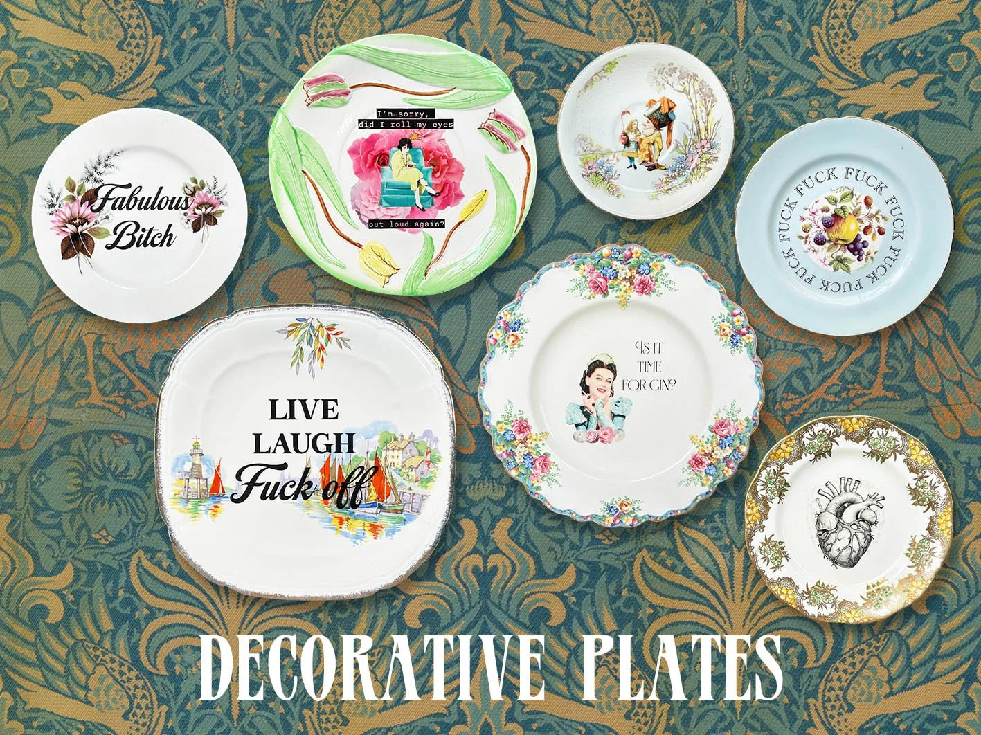 A collection of decorative plates with quotes displayed as a group on a green art deco style wall