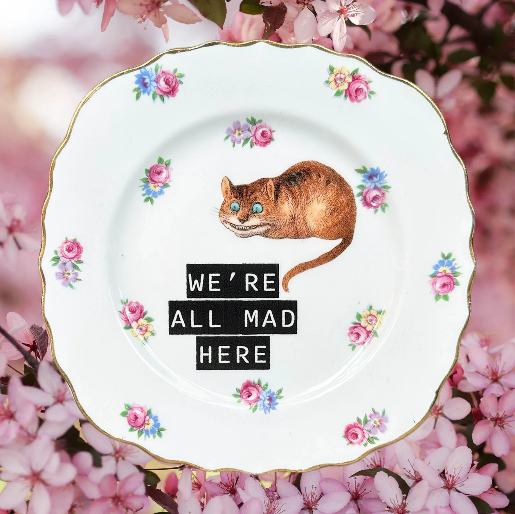 A vintage plate with a picture of the Cheshire Cat and the quote “we’re all made here”