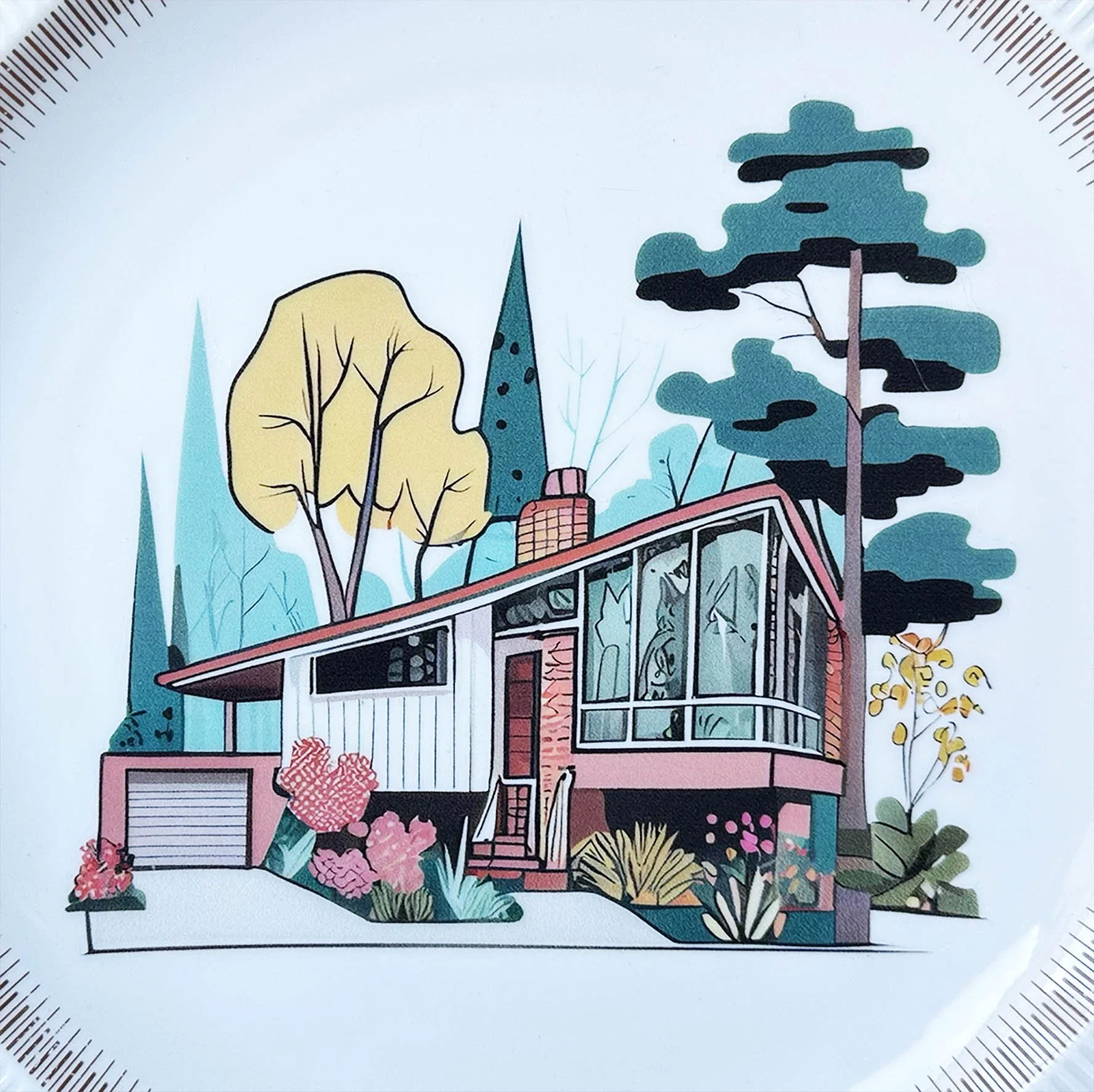 A vintage plate with an illustration of a mid century house