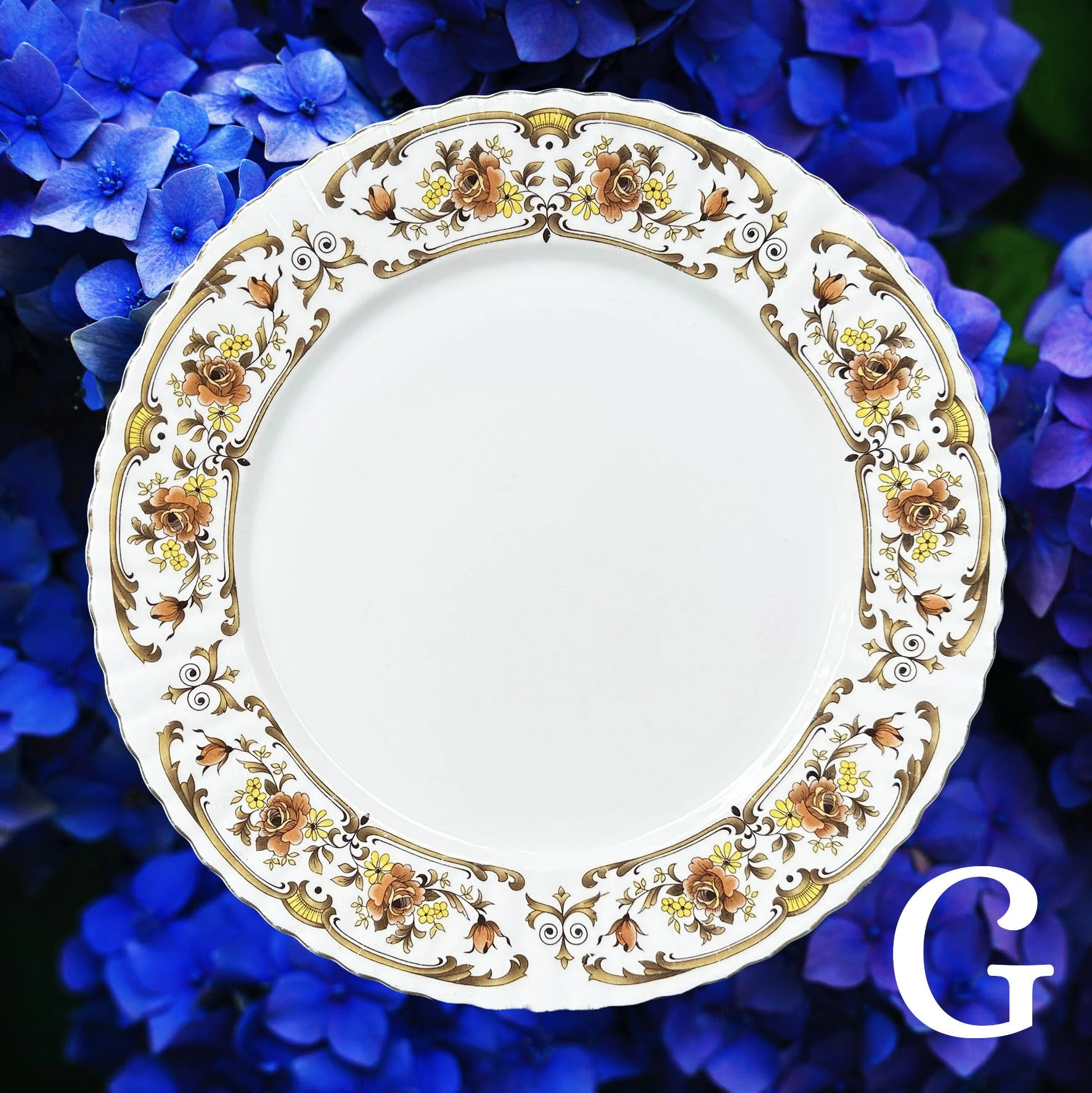 Plate G, vintage plate with a brown floral border