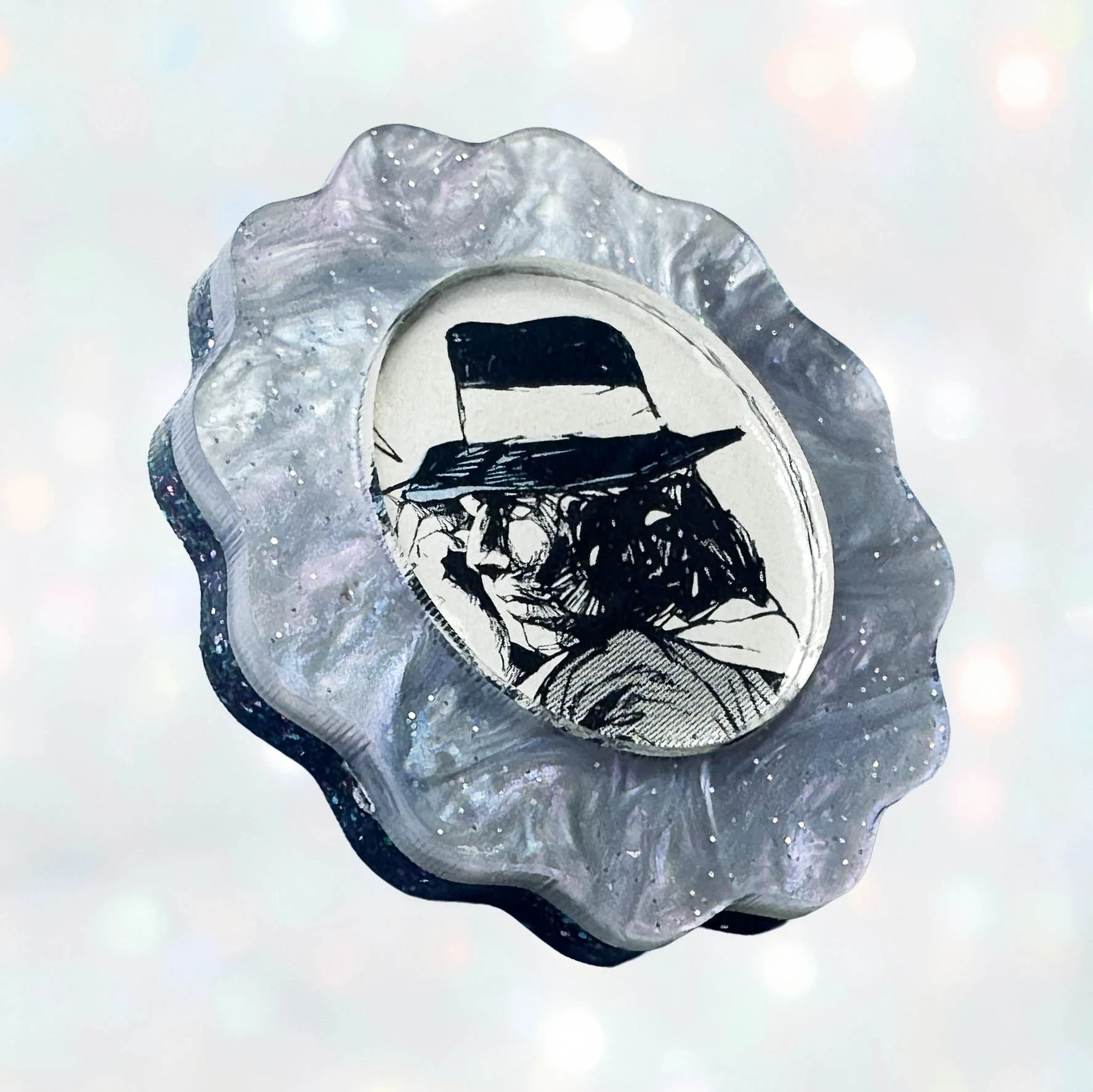 Blue purple glitter acrylic brooch featuring Doctor Whos the 4th Doctor