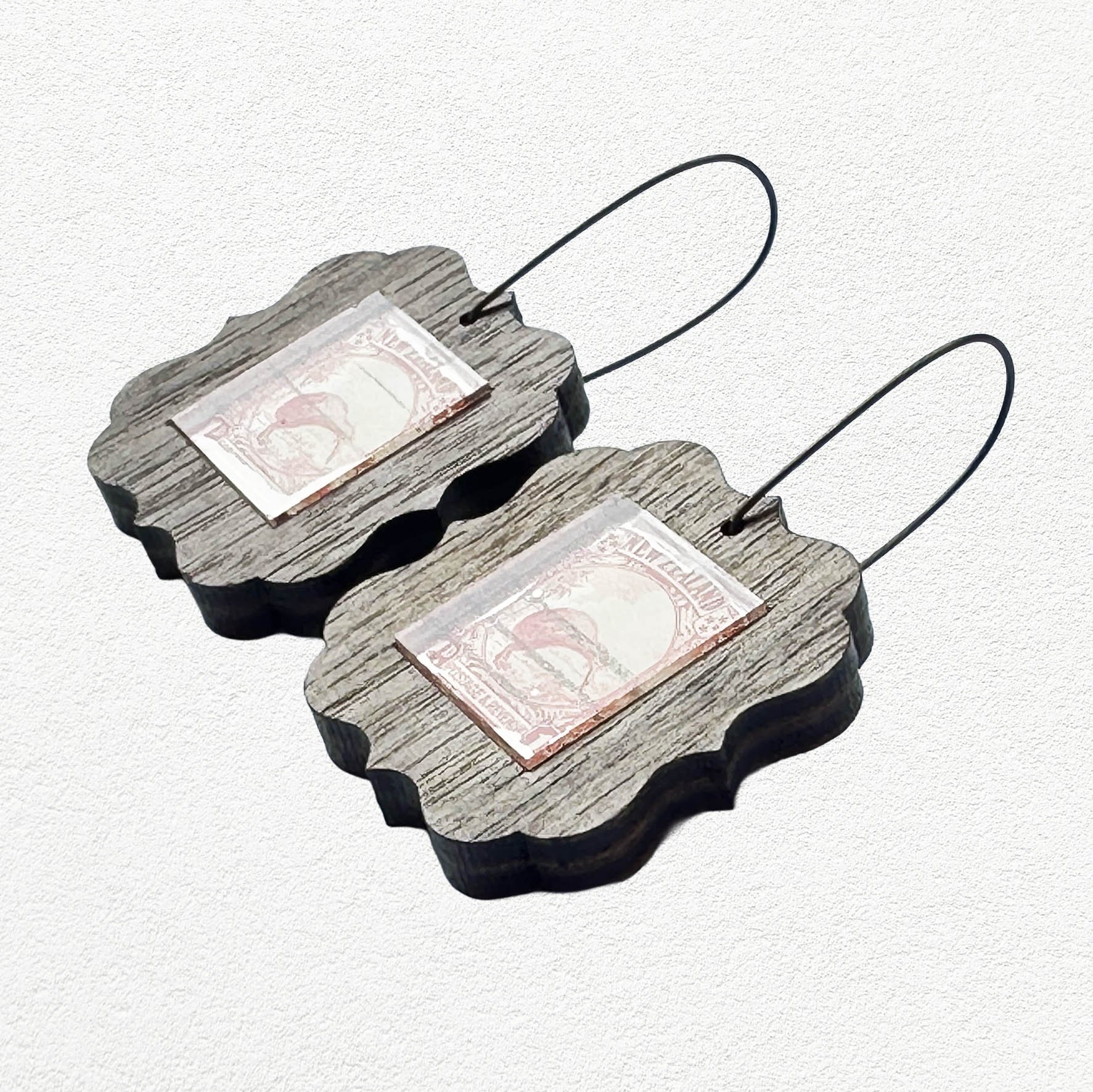 Wooden earings featuring vintage New Zealand Kiwi postage stamps