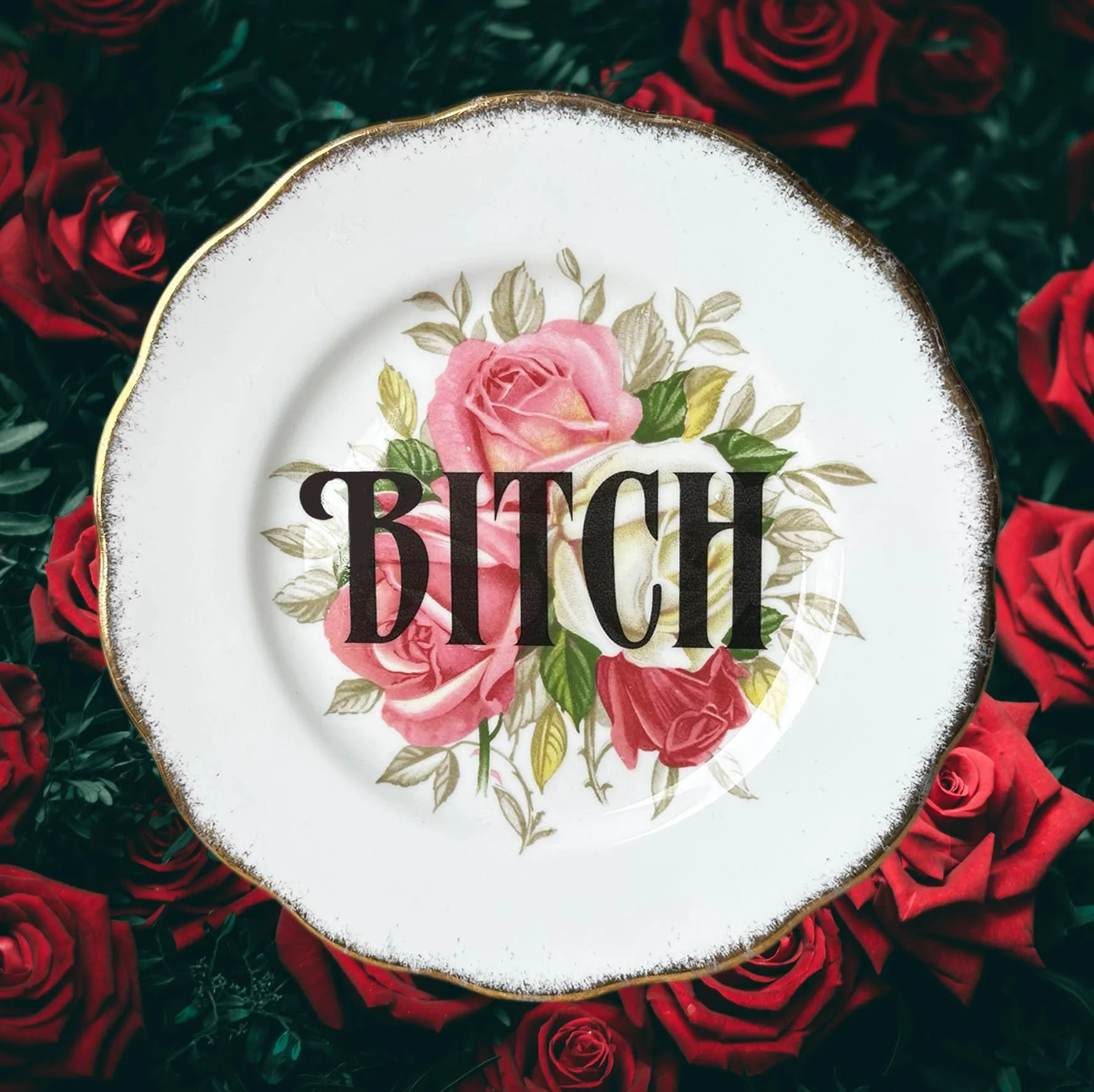 A vintage decorative plate with a pink floral design and the word “bitch” in black lettering
