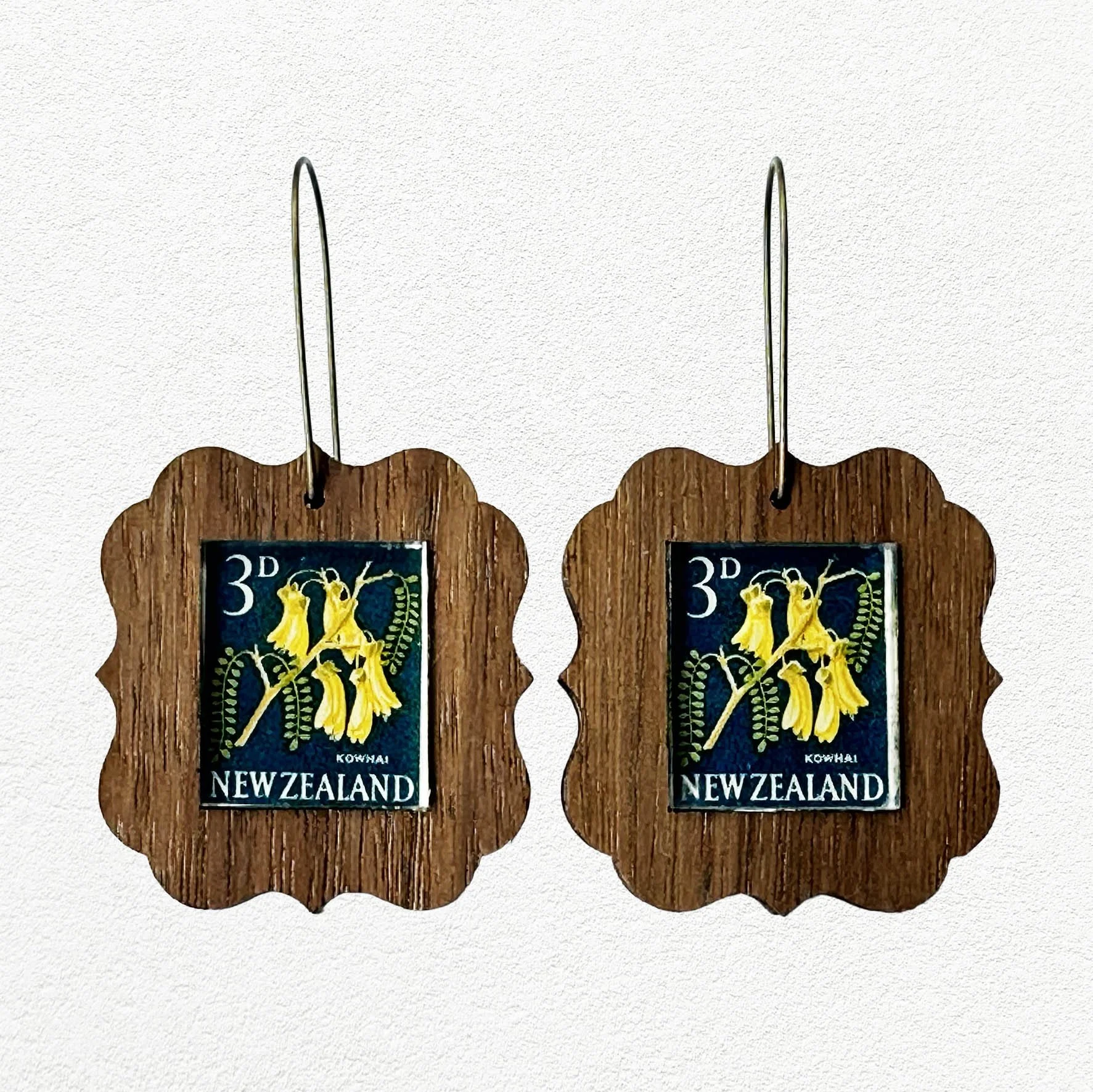 Wooden earrings featuring Kowhai New Zealand postage stamps