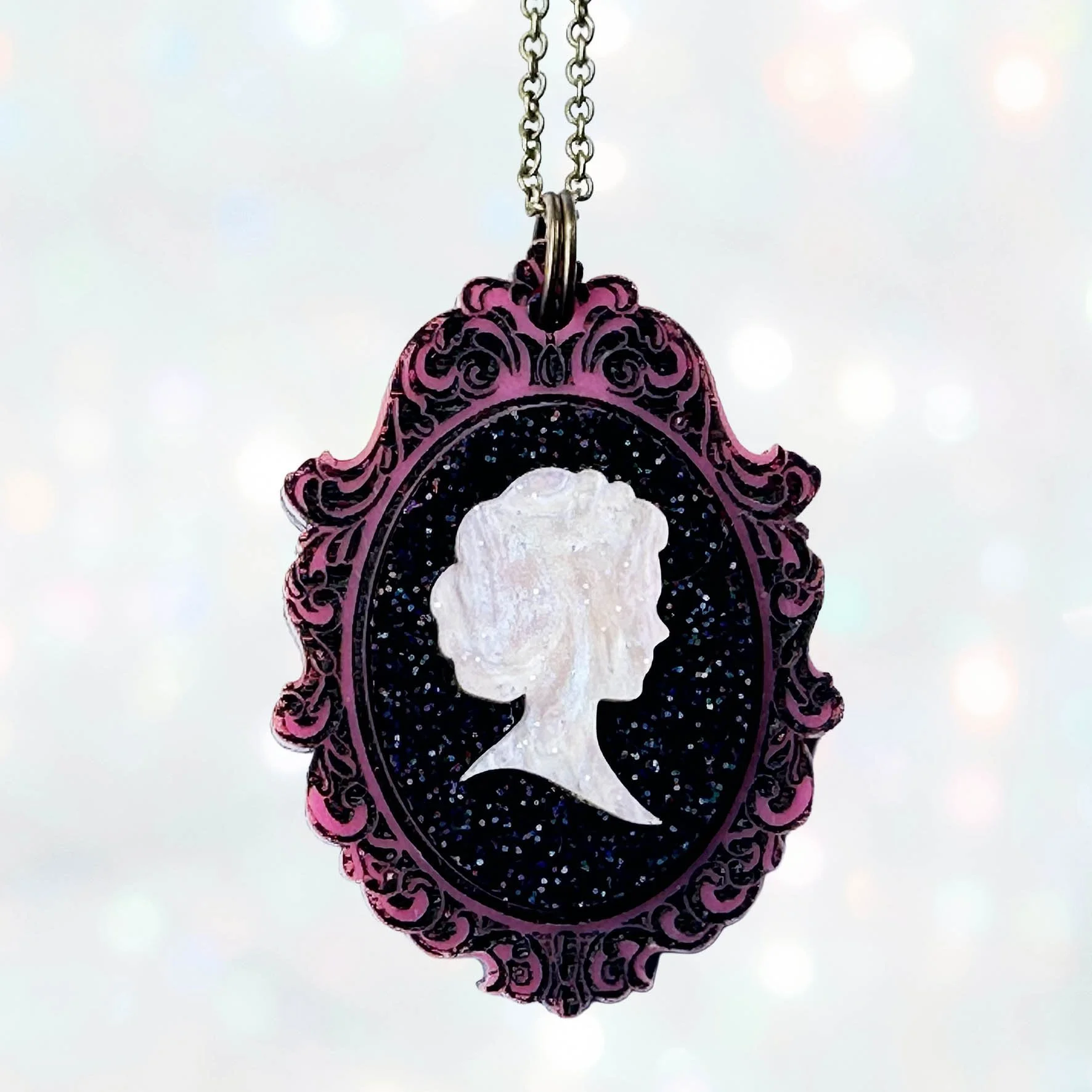 Cameo Necklace - Pink & Black Glitter