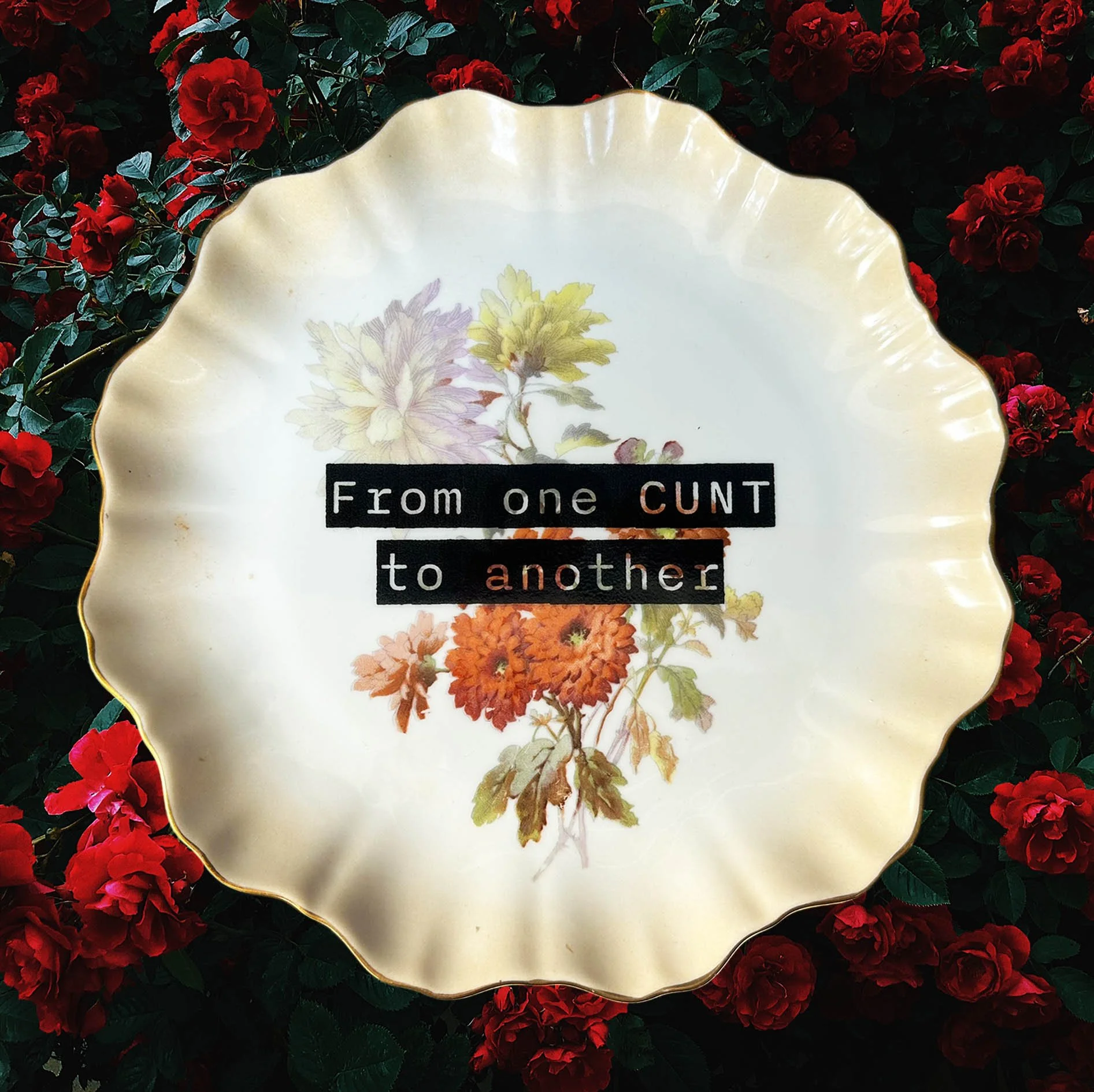 A vintage plate with a floral design with the words “from one cunt to another”