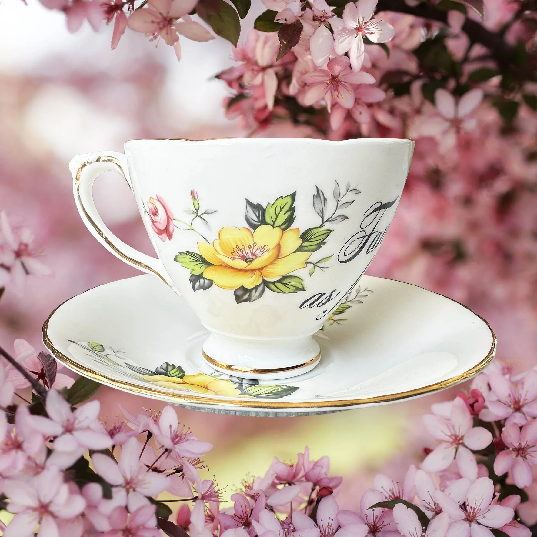 A vintage tea cup and saucer set with a pink and yellow rose design and a quote “fancy as fuck” in black writing
