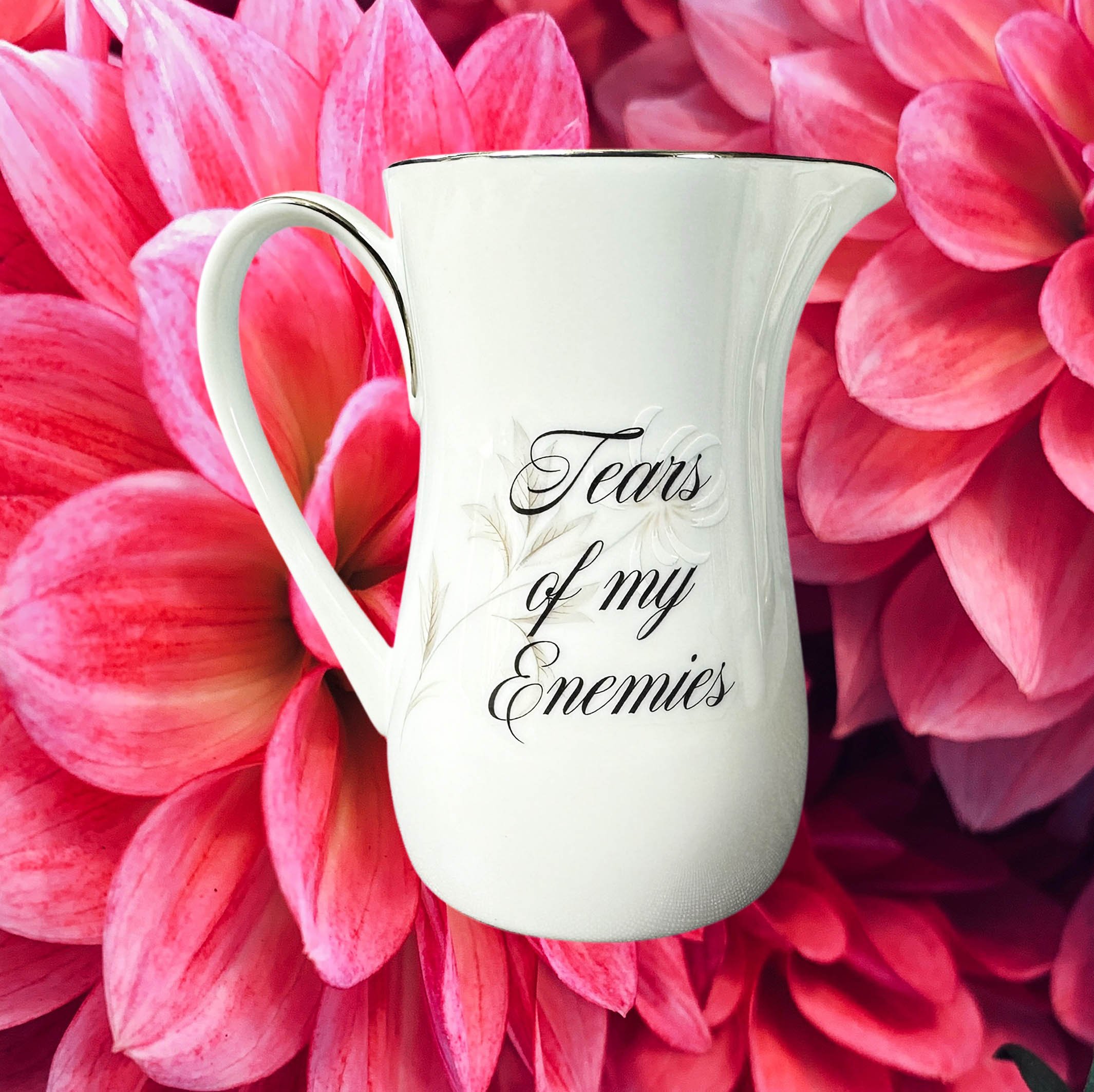 Tears of my enemies, funny upcycled vintage Noritake milk jug, floral milk jug with black writing