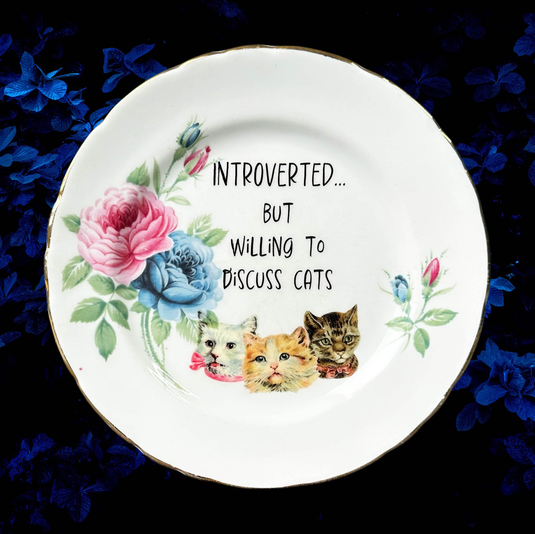 Introverted…but willing to discuss cats, funny decorative wall plate, vintage plate with pink and blue flowers and a picture of three vintage cats
