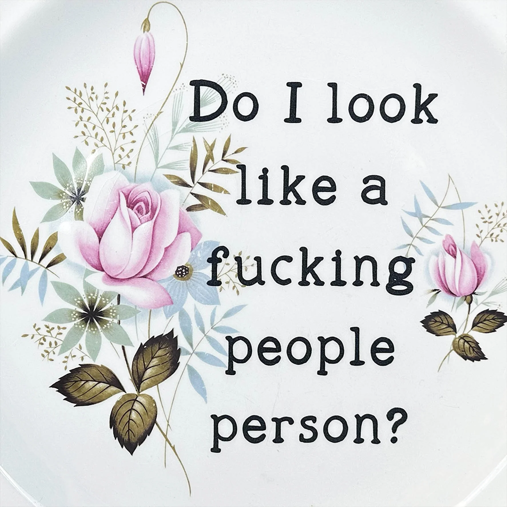 A vintage plate with a pink floral design and a sassy quote "Do I look like a fucking people person?"