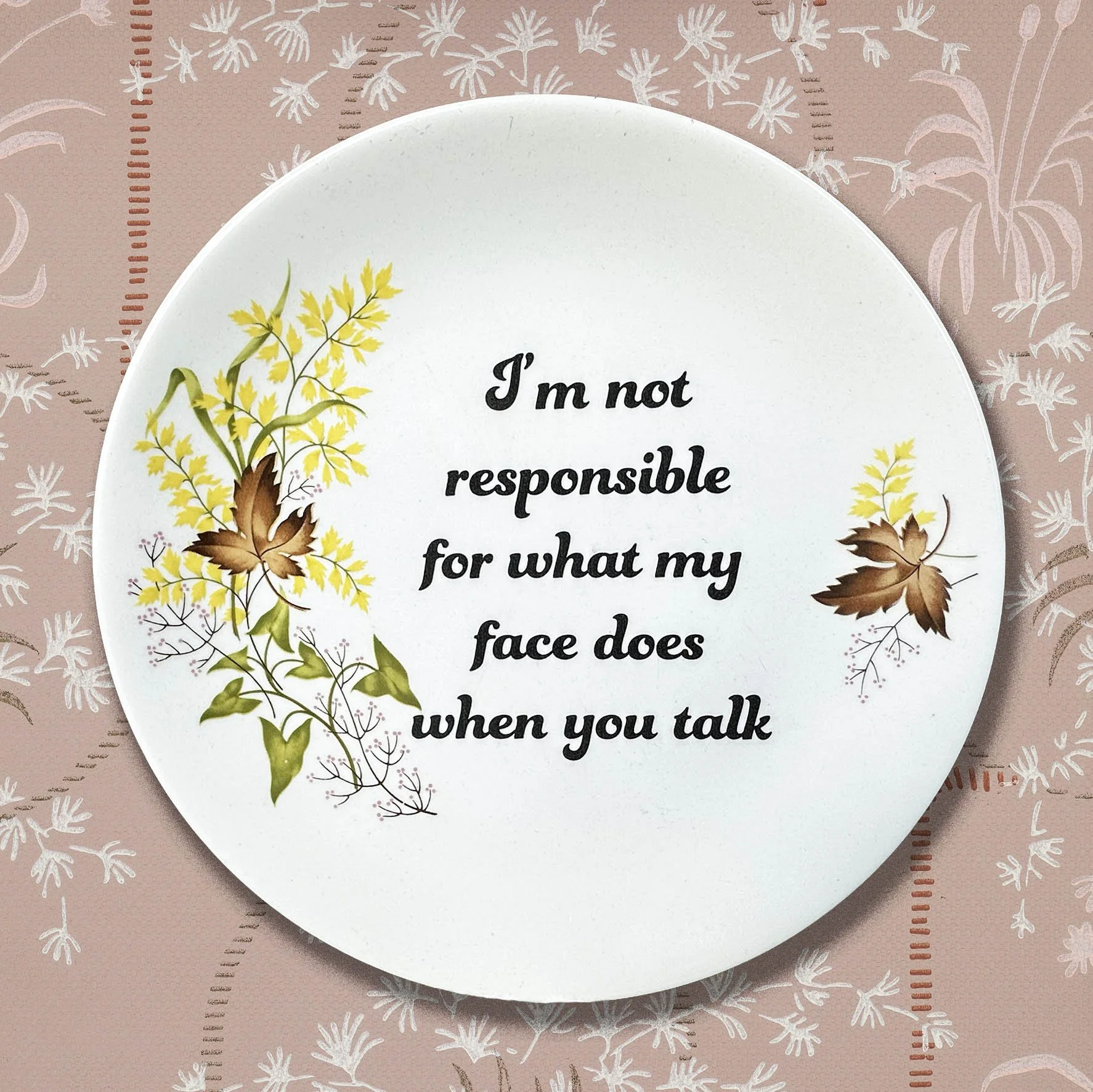A vintage Crown Lynn Autumn Splendour plate with a quote “I’m not responsible for what my face does when you talk”