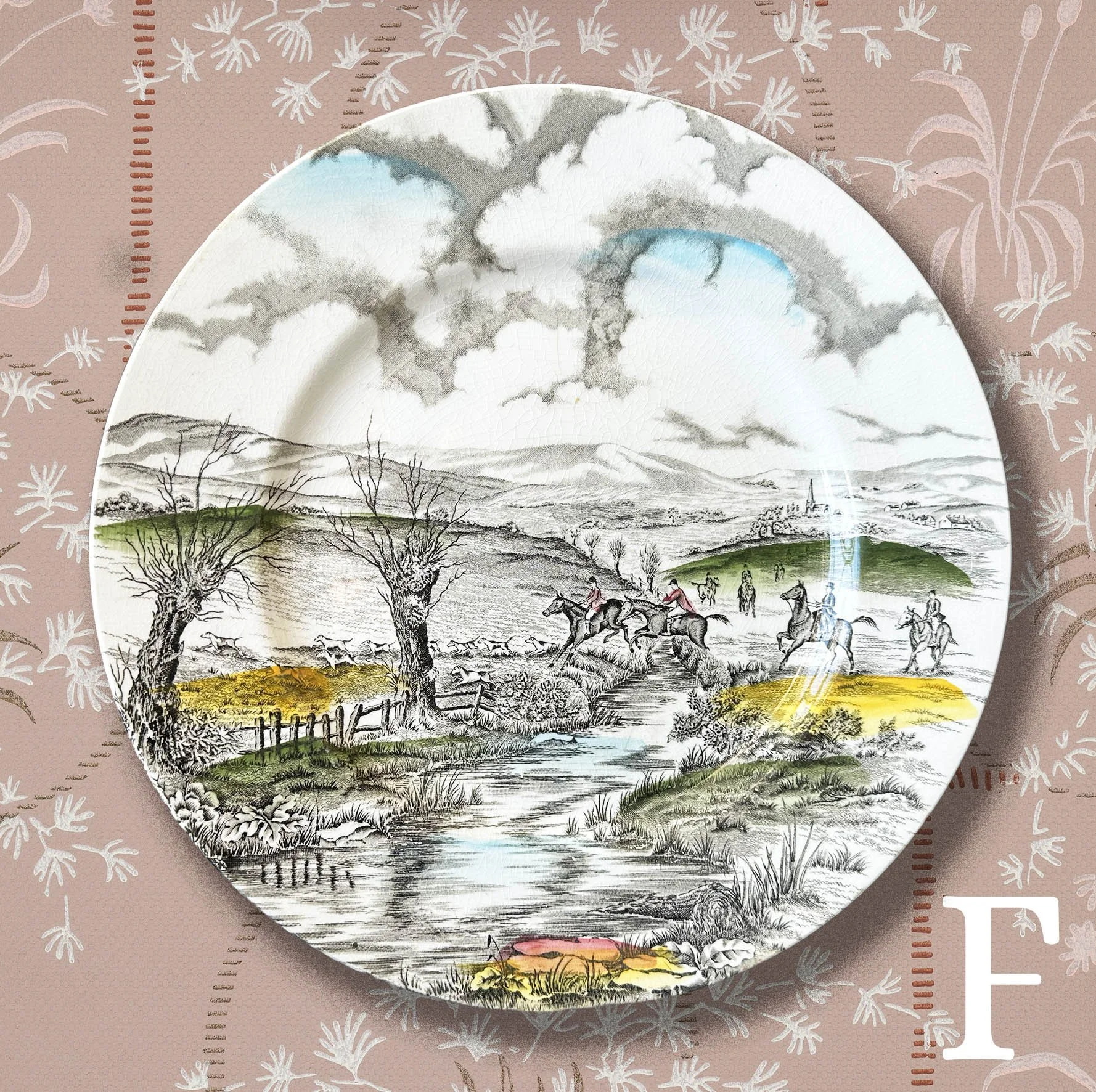 Large plate F, an English countryside scene depicting riders on horses