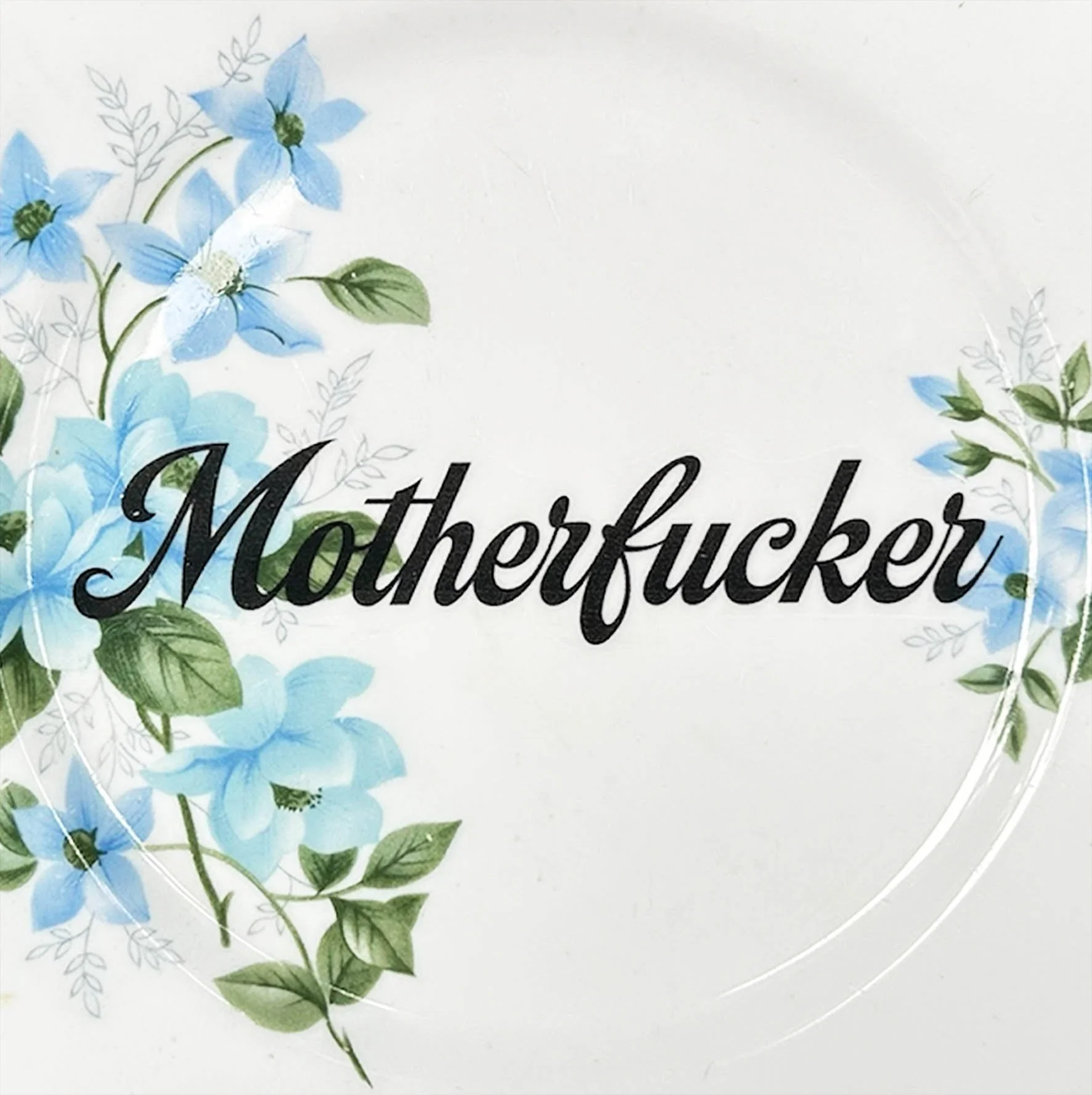 a vintage plate with a blue floral design and the word "motherfucker" in black writing
