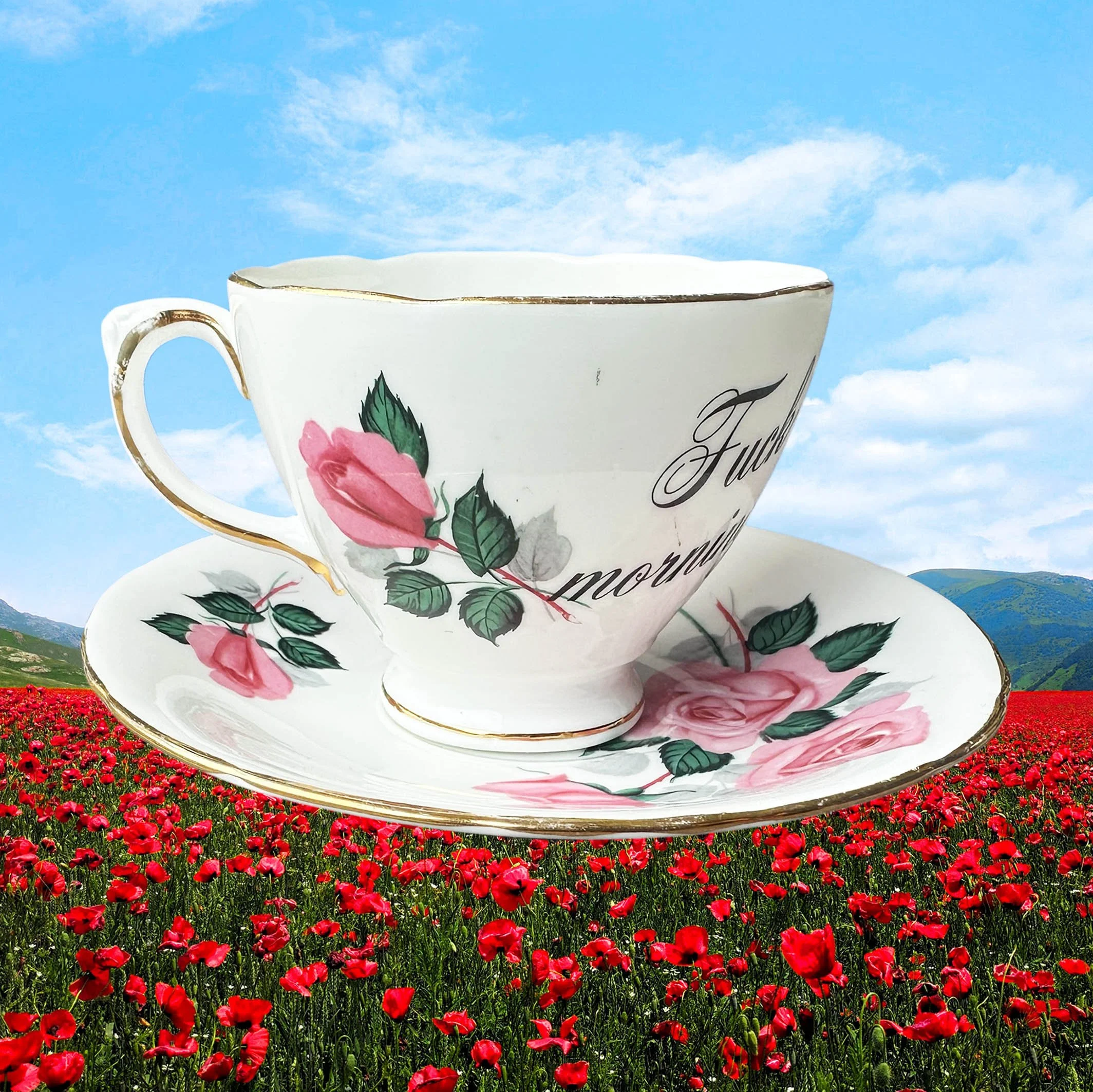 A vintage tea cup with a cheeky quote "fuck mornings"