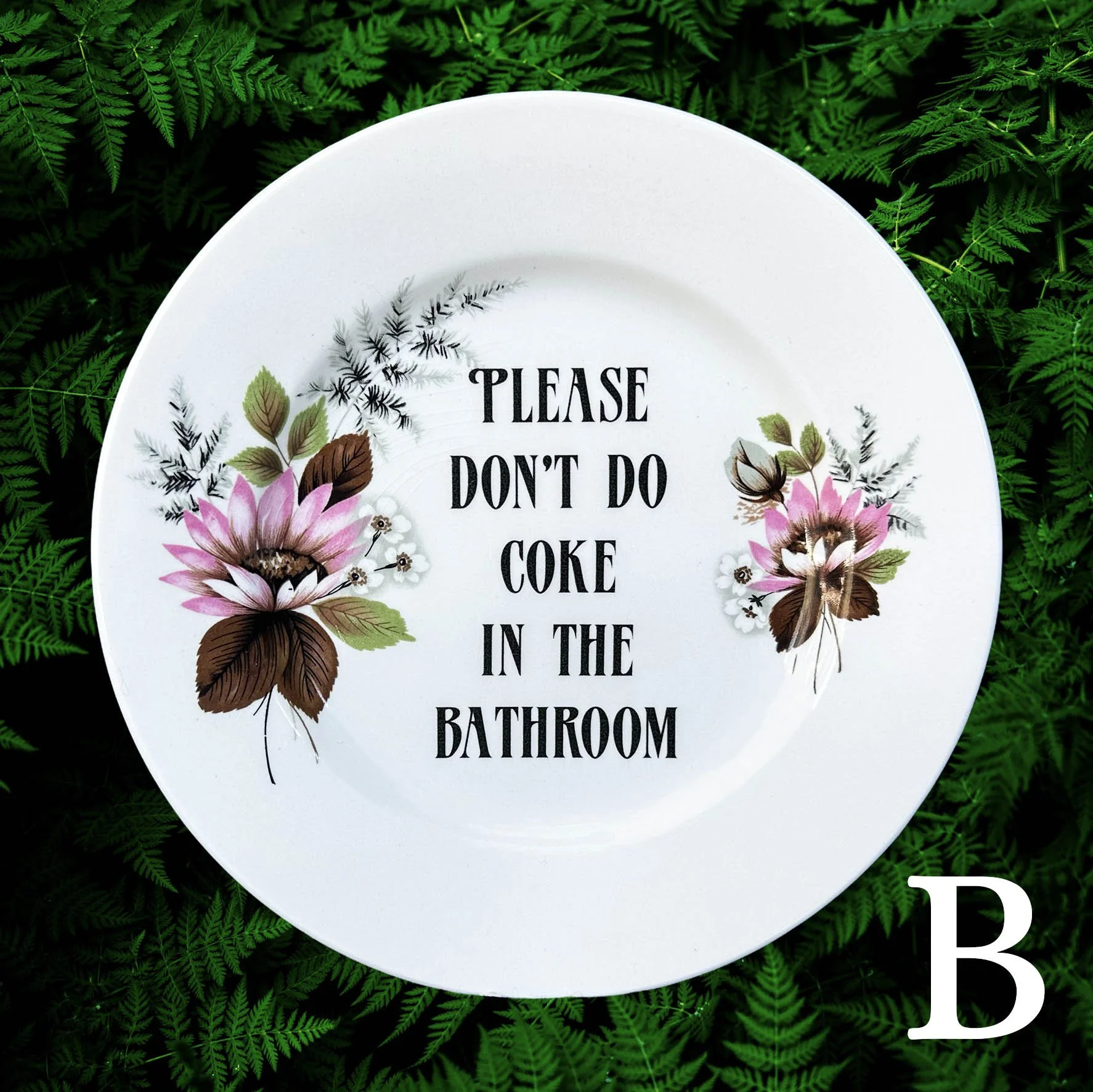 A vintage plate with a pink floral design and the quote "please don't do cocaine in the bathroom"