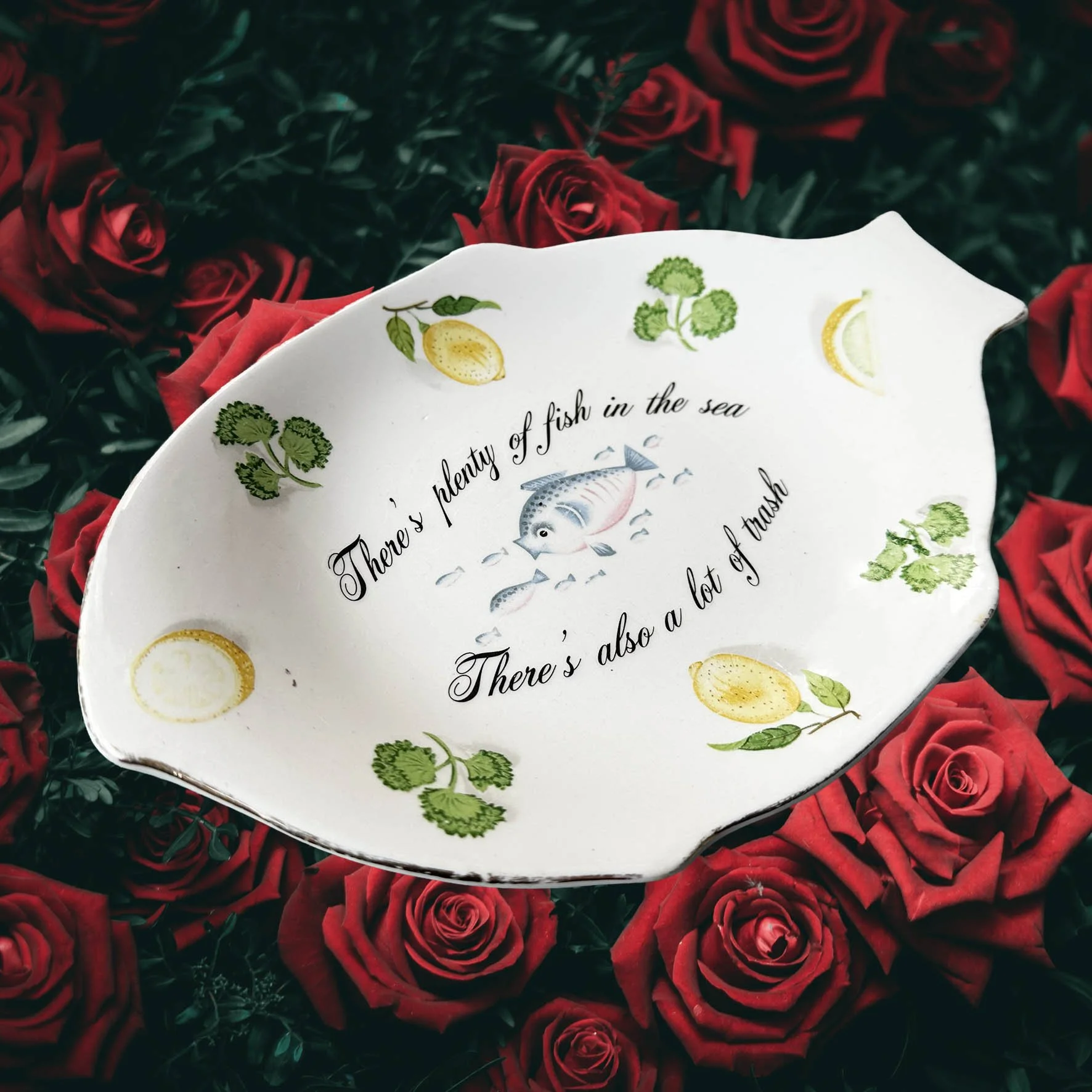 A vintage fish shaped dish with a quote “there’s plenty of fish in the sea, there’s also a lot of trash”