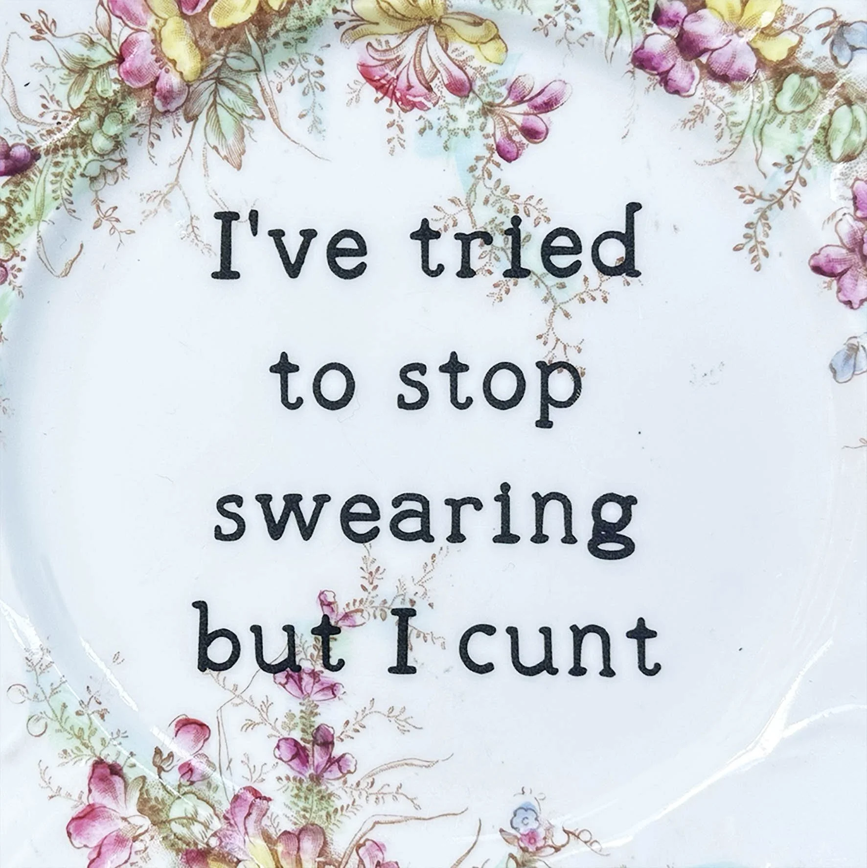 A decorative vintage wall plate with a rude quote "I've tried to stop swearing but I cunt"